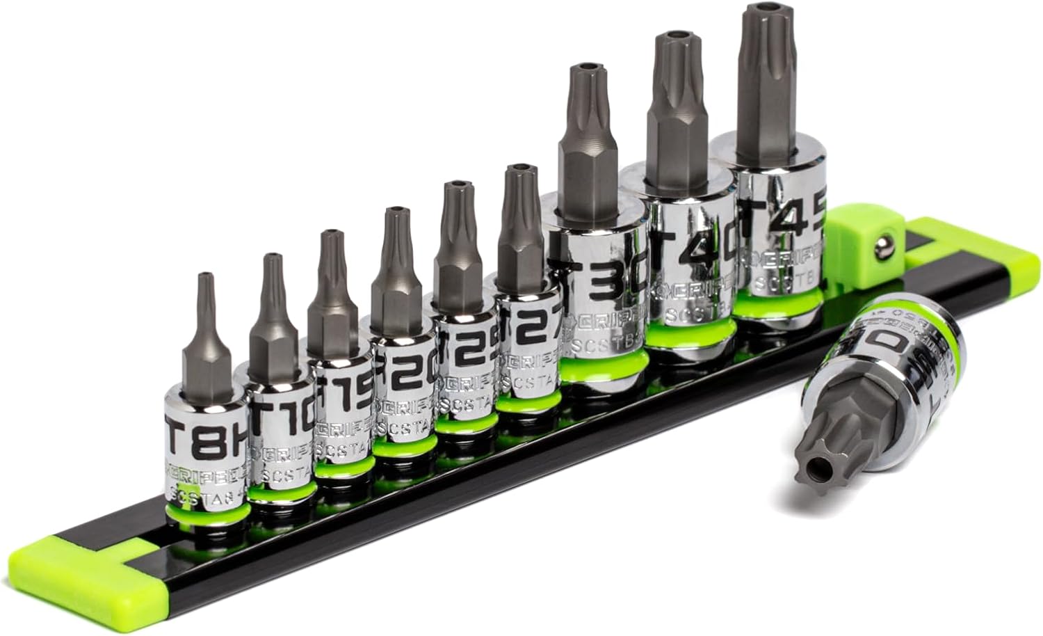 GRIPEDGE Tools | 10-PC RPT Security Star Driver Set | Sizes T8H - T50H | 1/4'' - 3/8' Drive | Made With S2 Steel | Includes Premium Aluminum Socket Rail |