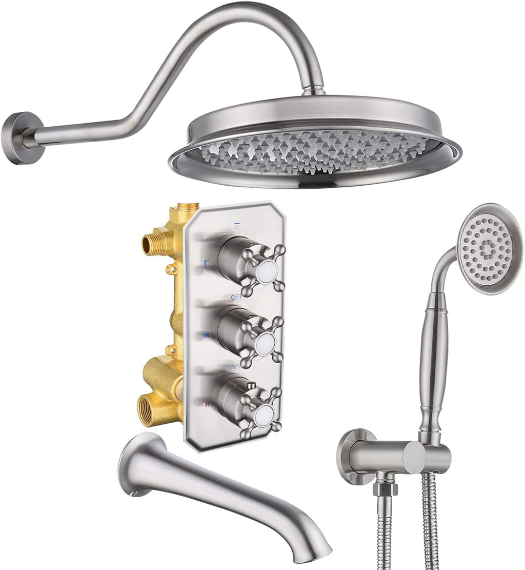All Metal Thermostatic Shower System with Tub Spout Backnets Wall Mounted Shower Faucet Set for Bathroom with 9 Inch Rain Shower Head and Handheld, Rough-in Valve Body and Trim kit, Brushed Nickel