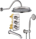All Metal Thermostatic Shower System with Tub Spout Backnets Wall Mounted Shower Faucet Set for Bathroom with 9 Inch Rain Shower Head and Handheld, Rough-in Valve Body and Trim kit, Brushed Nickel