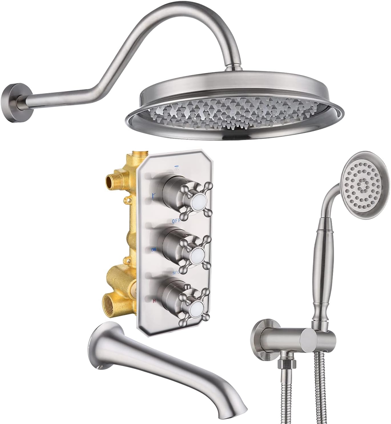 All Metal Thermostatic Shower System with Tub Spout Backnets Wall Mounted Shower Faucet Set for Bathroom with 9 Inch Rain Shower Head and Handheld, Rough-in Valve Body and Trim kit, Brushed Nickel