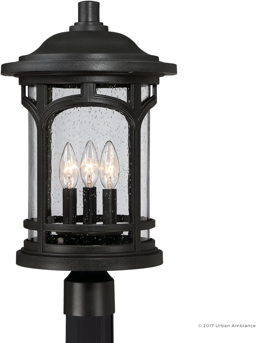 Urban Ambiance Luxury Rustic Outdoor Post Light, Medium Size: 19' H x 11' W, with Colonial Style Elements, Wrought Iron Design, High-End Black Silk Finish and Seeded Glass, UQL1106