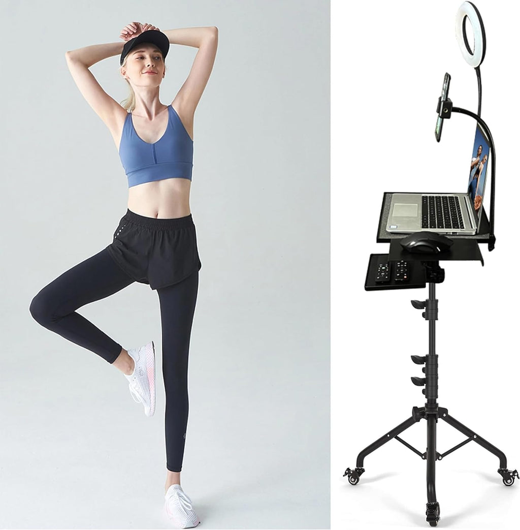 Projector Stand,Laptop Stand, Projector Tripod Stand with Wheels Adjustable Height Laptop Tripod Stand with LED Ring Light Carrying Bag 2 Shelves Mouse Tray Phone Holder Projector Music Stand Portable