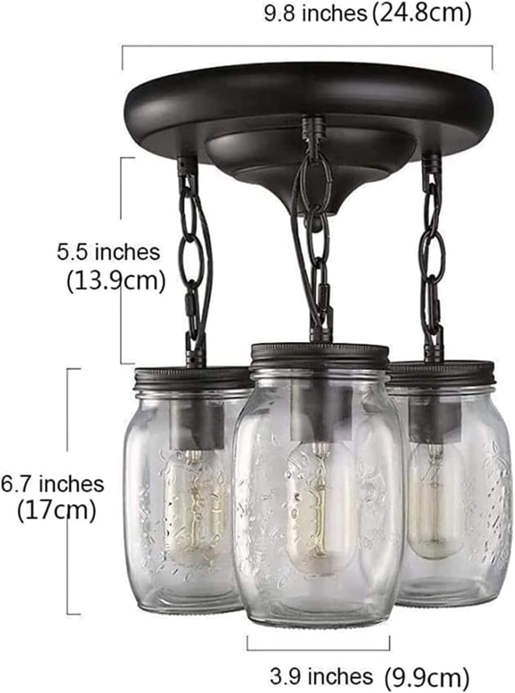 Modern Ceiling Light Industrial Glass Hanging Black Wrought Iron Pendent Lamp 3 Head Chandelier Compatible with Dining Room, Kitchen Island, Fixtures,Chandelier