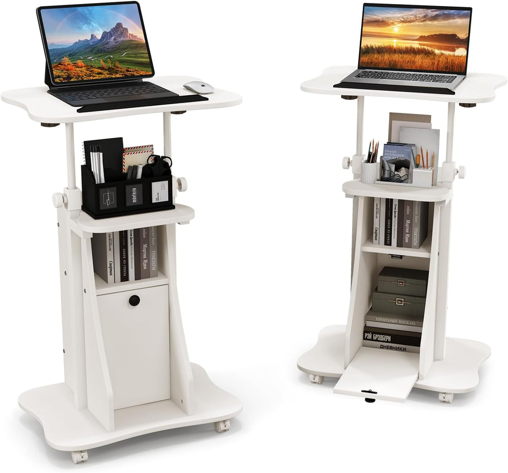 Giantex Mobile Podium Stand, Sit-to-Stand Laptop Cart with Tilting Tabletop & Storage Cabinet, Lockable Casters, Height-Adjustable Rolling Lectern for Classroom, Church, Home Office (White, 2 Pack)