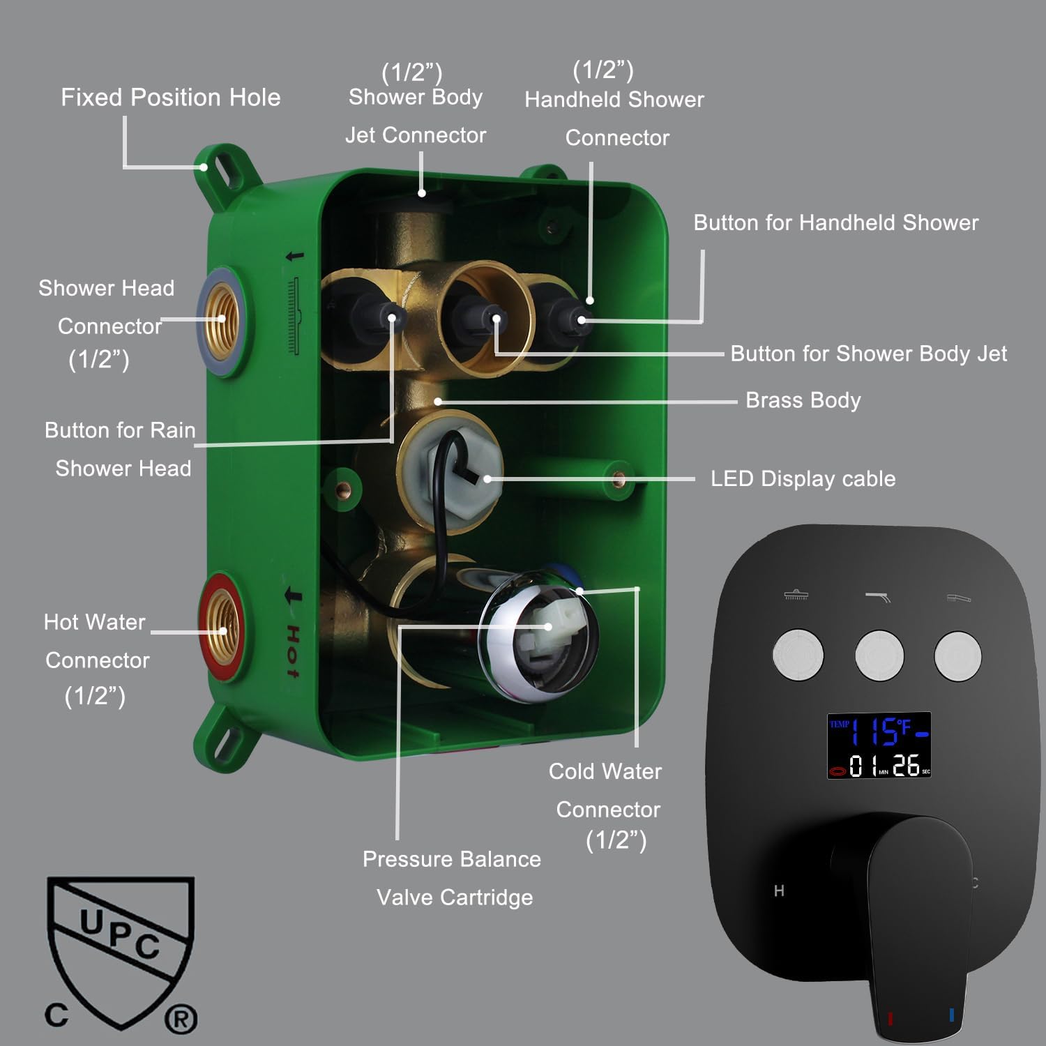 Shower Faucet Set Matte Black Shower System Temperature Display Diverter Shower Valve and 2 in 1 Handheld with Slide Bar, 12 Inch Ceiling Shower Head with 8 Inch Wall Mount Shower Head