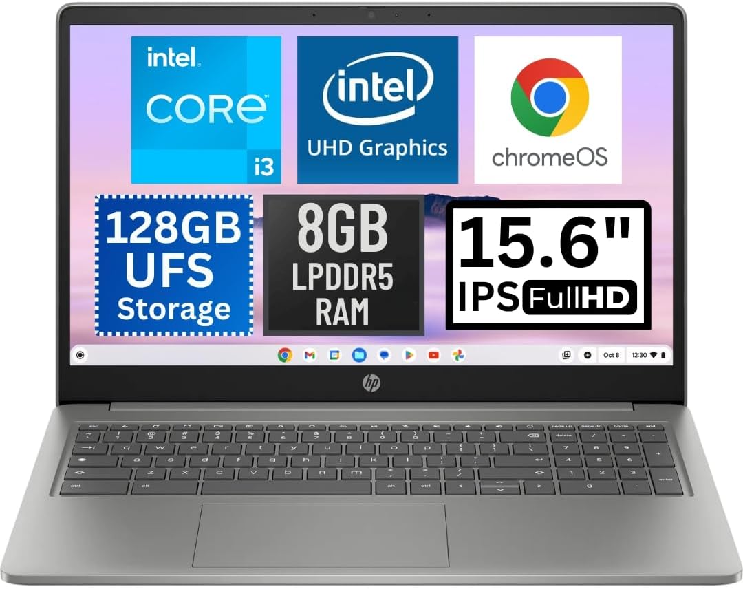 HP Chromebook Plus Laptop 15.6 Inch Intel Core i3-N305 8GB LPDDR5 RAM 128GB UFS UHD Graphics ChromeOS Wifi Bluetooth USB-C 1080p Webcam MicroSD Reader, Mineral Silver 15a-nb0033dx Computer (Renewed)