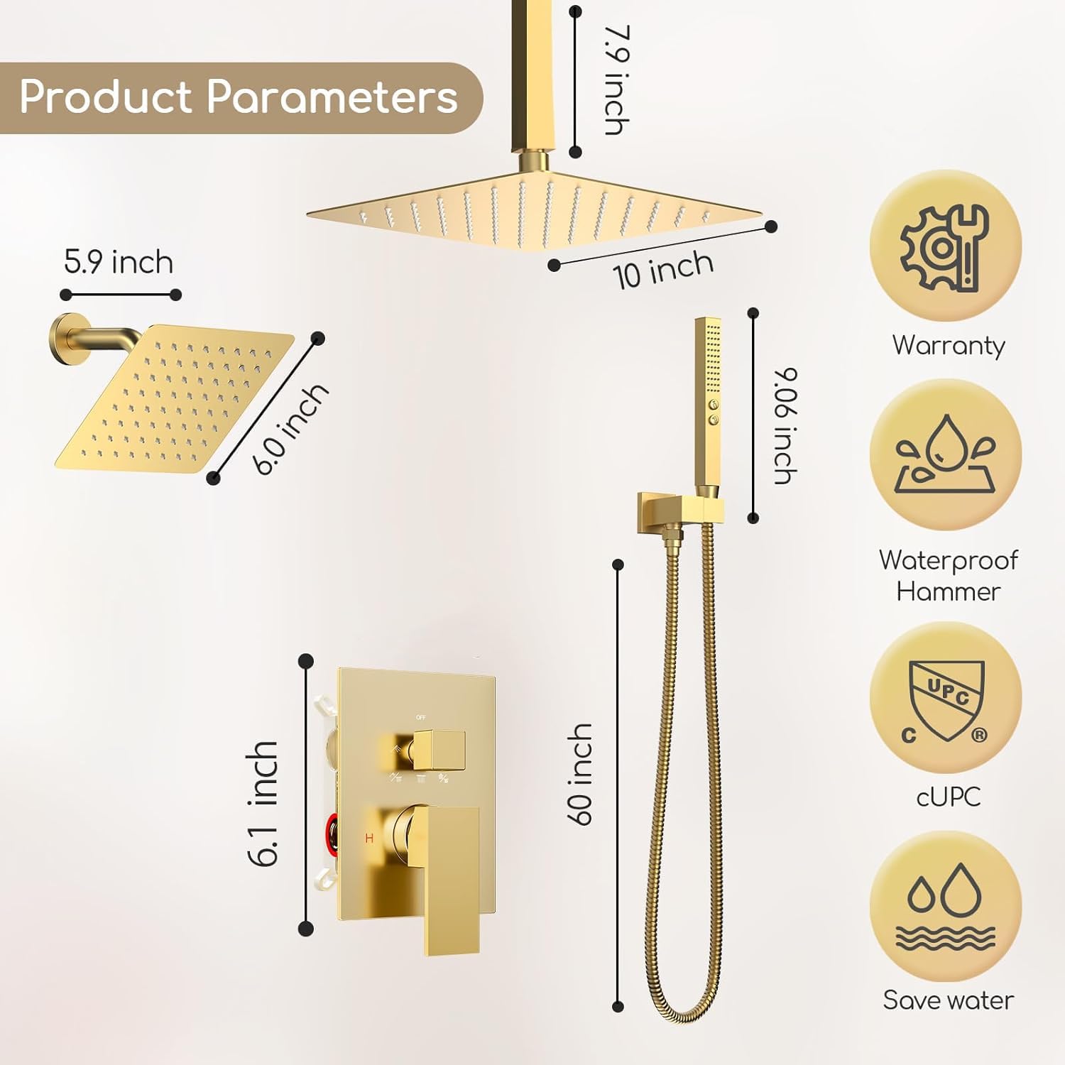 Shower System Brushed Gold Shower Faucet Set,Five Functions Knob Diverter Rainfall Shower Faucet with 2 in 1 Handheld,10'' Ceiling Mount and 6'' Wall Mount Rainfall Shower System
