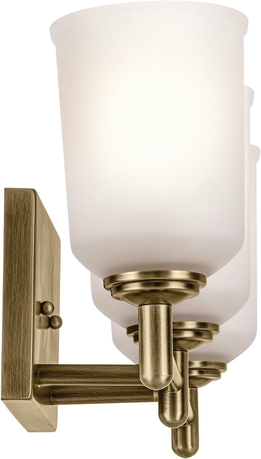KICHLER Shailene 21' 3-Light Vanity Light with Clear Satin Etched Glass in Natural Brass for Over a Vanity, Updated Traditional Style, (21' x 8.25'), 45574NBR