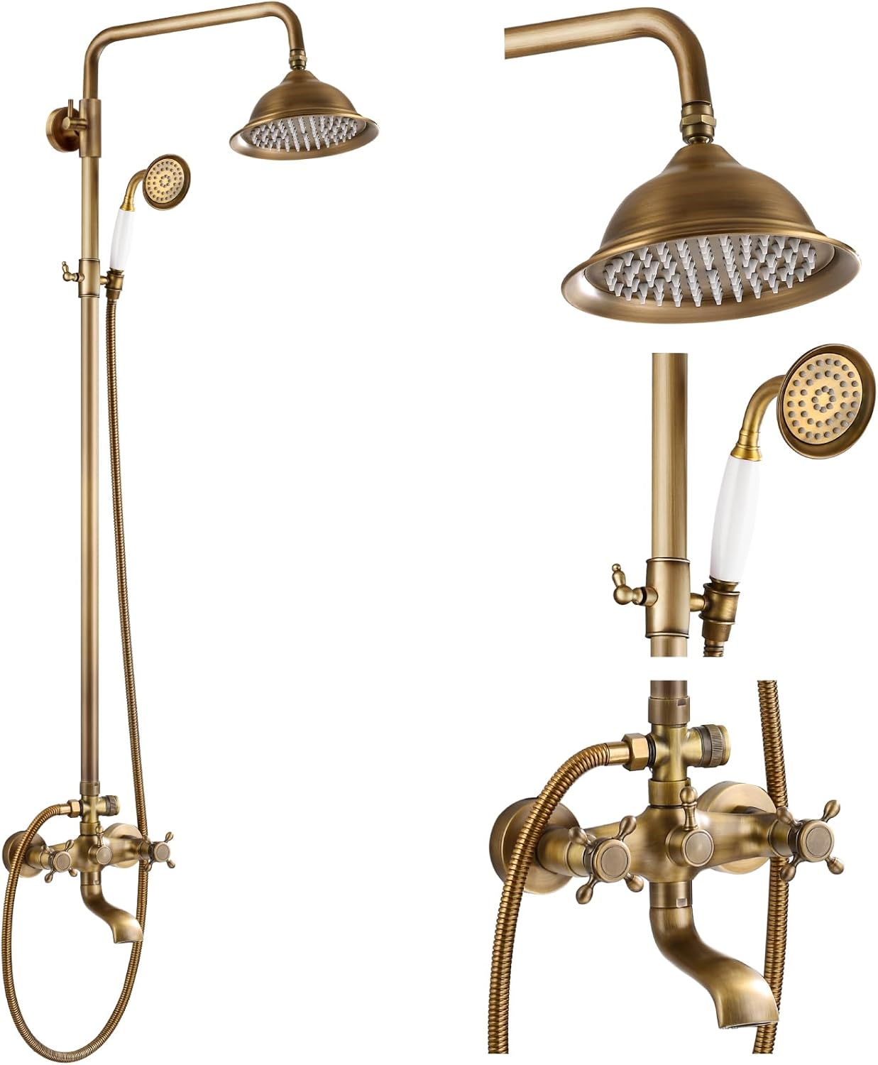 gotonovo Bathroom Exposed Shower Faucet Outdoor Shower System 8 Inch Rainfall Shower Head Set with Tub Spout and Handheld Spray Double Cross Handles Wall Mount without Shower Shelf Antique Brass