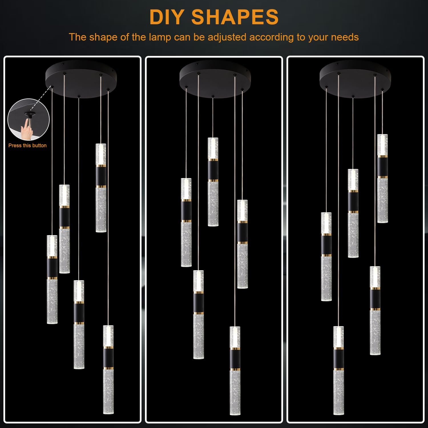 5-Light Modern Pendant Lights Kitchen Island Lighting Fixture,Dimmable Mordern LED Pendant Light with Remote,Black Gold Modern Led Chandelier for Dining Room