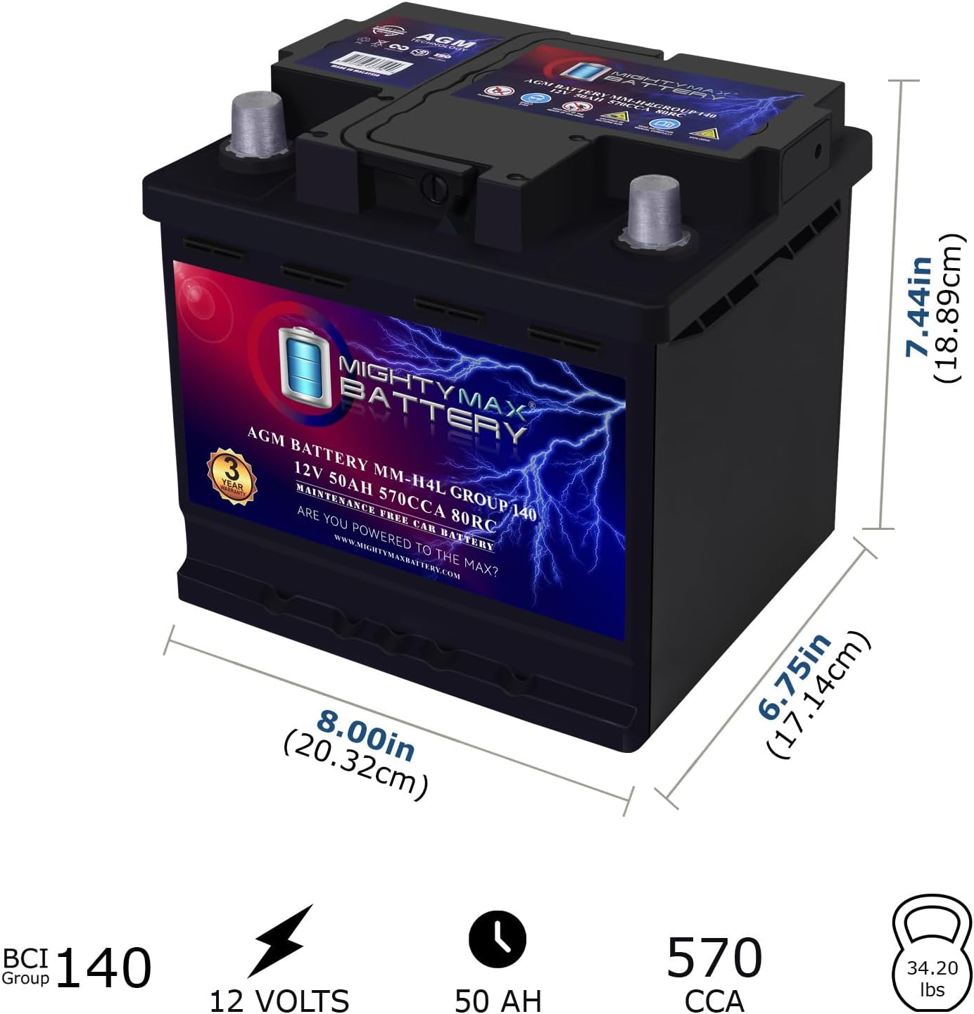 Mighty Max Battery MM-H4L Start and Stop Car BCI Group Size 140 Positive Terminal on Left Side [+ -] 12V 50 AH, 80RC, 570 CCA Rechargeable AGM Car Battery
