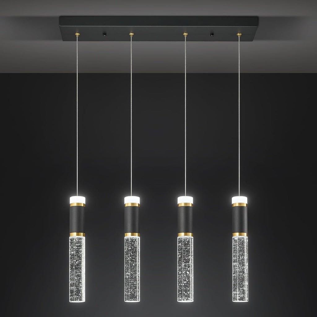 4-Light Pendant Light Fixture, Dimmable LED Kitchen Island Lighting with Bubble Crystal Shades, Modern Black Gold Metal for Dining Room, Foyer, Easy Installation
