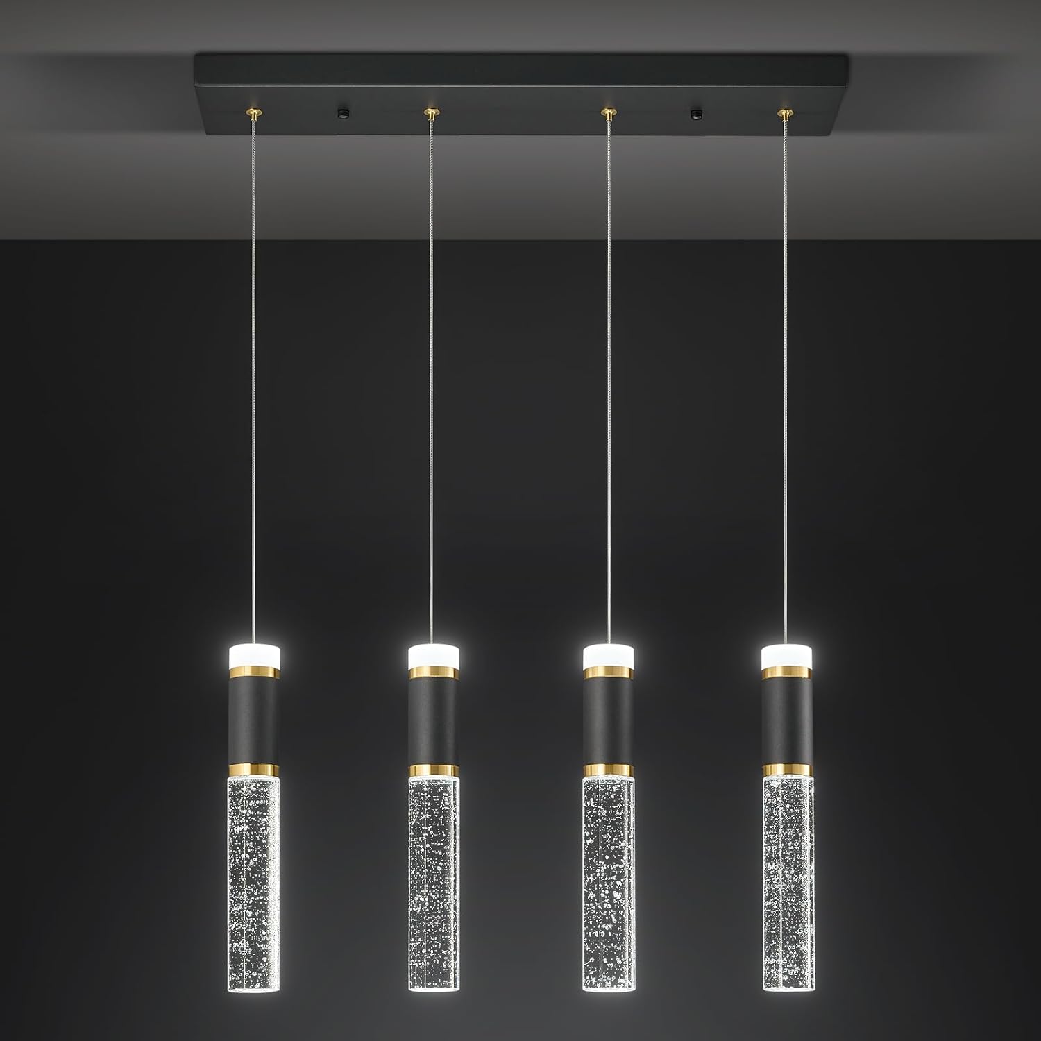 4-Light Pendant Light Fixture, Dimmable LED Kitchen Island Lighting with Bubble Crystal Shades, Modern Black Gold Metal for Dining Room, Foyer, Easy Installation