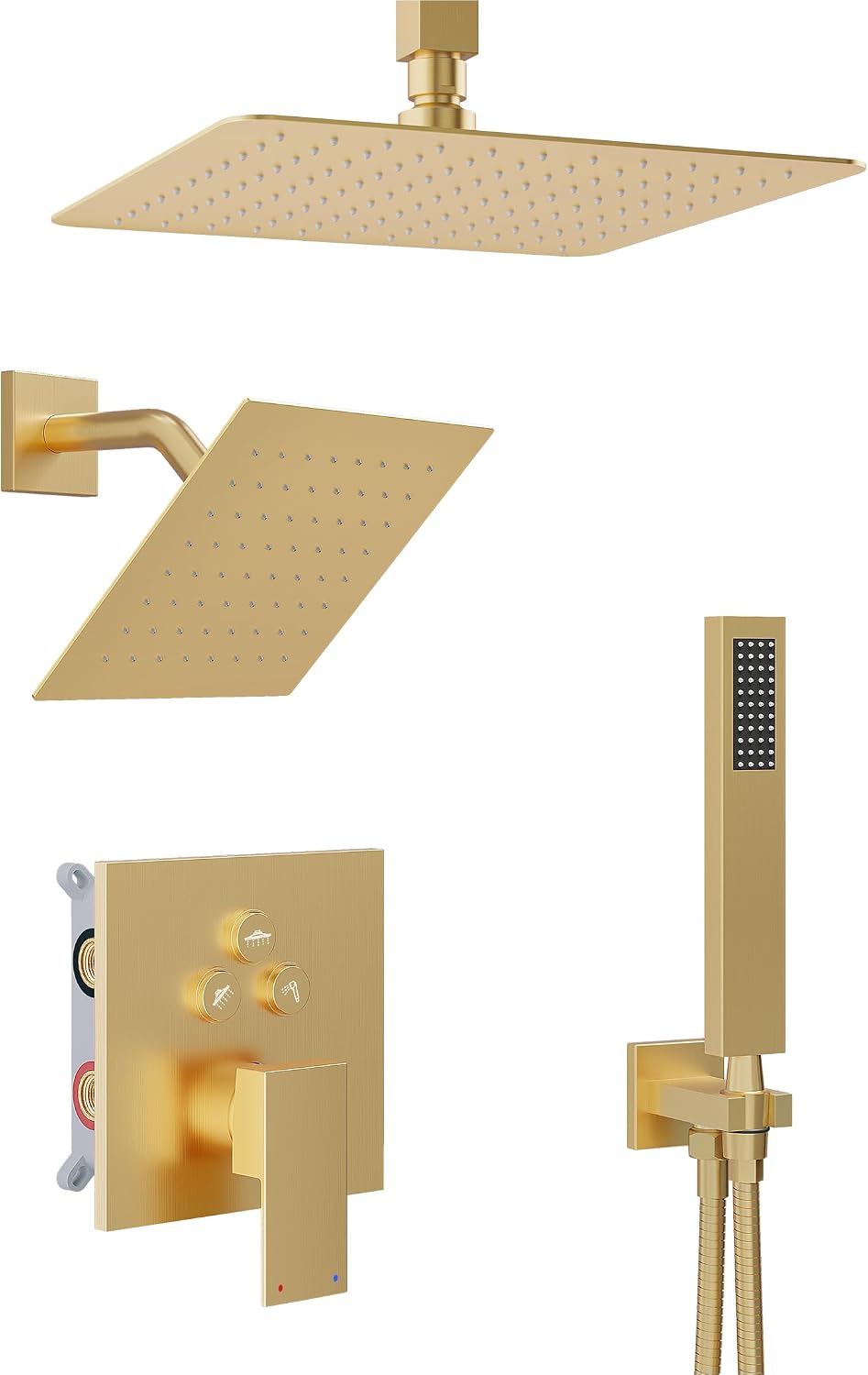 Gold Shower System, Shower Faucet Set with 3 In 1 Push Button Valve, Shower Faucet included 10' Ceiling Shower Head and 8' Wall-Mount Shower Head with Handheld Spray, Brushed Gold