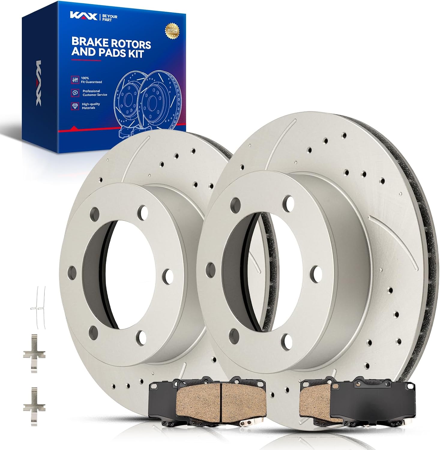 KAX Front Rotors and Brake Pads kit for Toyota Tacoma 1999-2004, Drilled and Slotted Disc Brake Rotor Ceramic Brake Pads Replacement (#31165+D799, 11.67inch, 296.5MM)