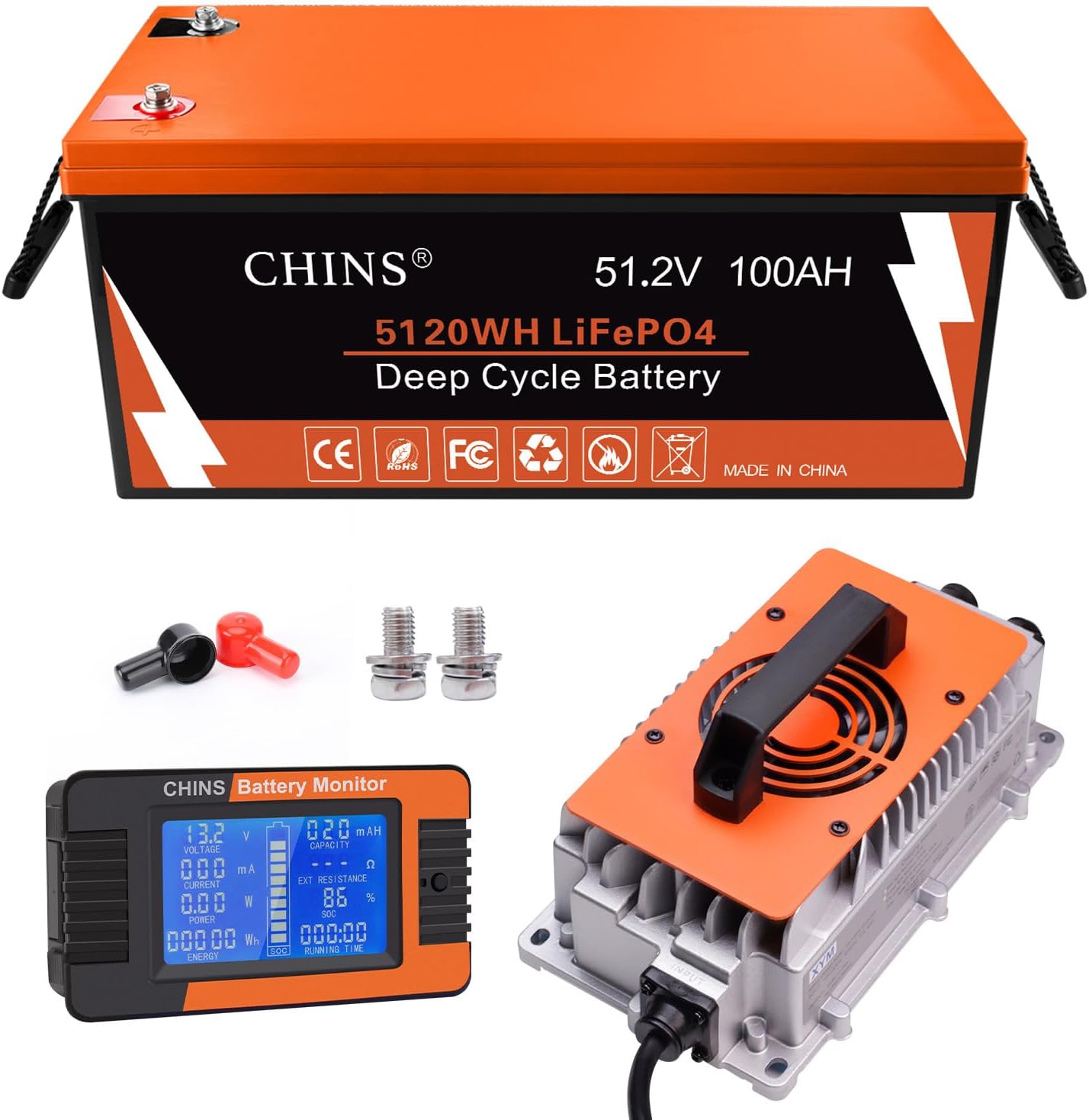 CHINS 48V 100Ah Lithium Golf Cart Battery, Includes 48V 18A Charger, Monitor, Built-in Smart 200A BMS, 48V Lithium Battery Perfect for Golf Cart