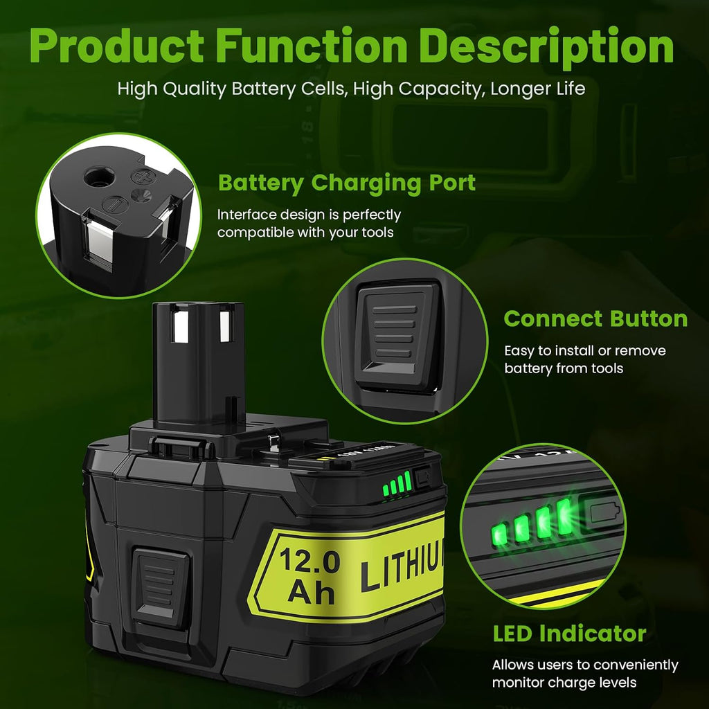 Futurebatt 18V 12ah Replacement Battery for Ryobi P108 P103 P104 P105 P107 P102 P109 P122 for Ryobi ONE+ 18-Volt Tools Battery