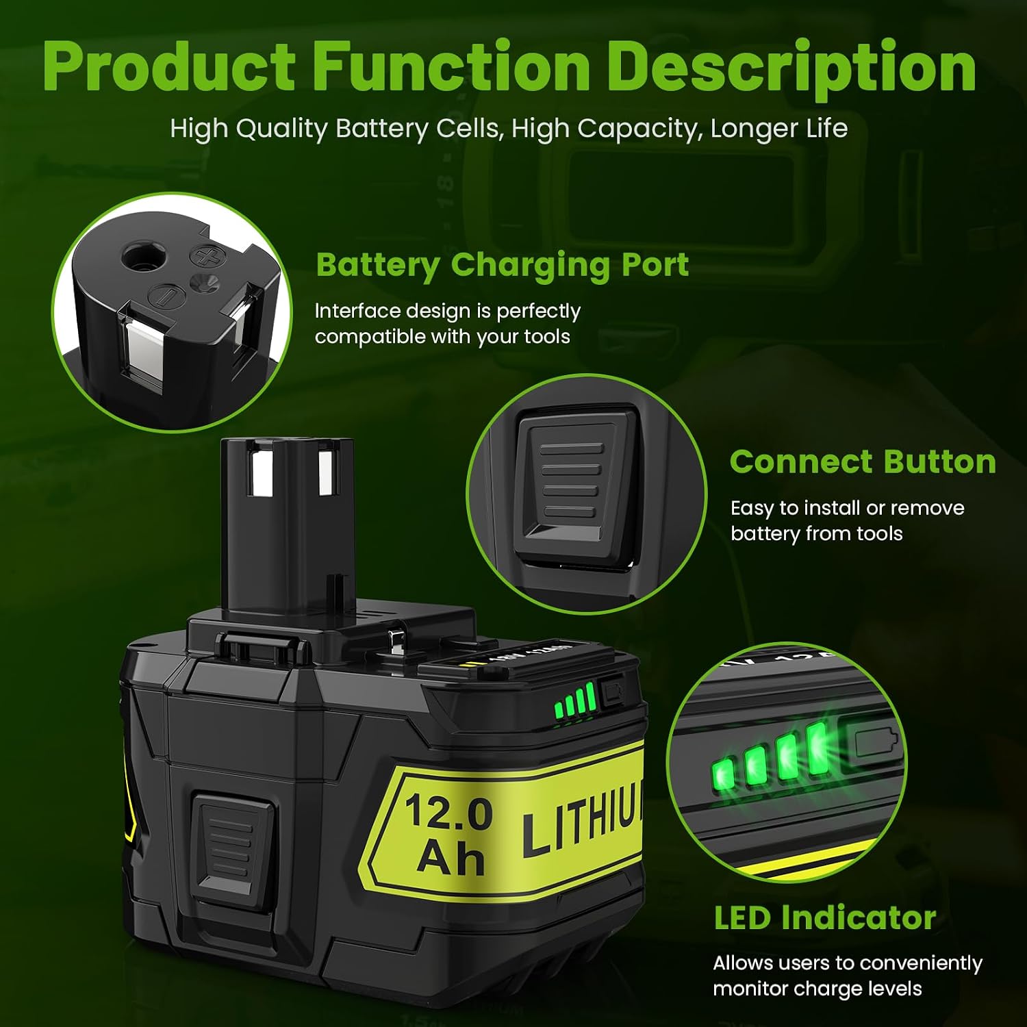 Futurebatt 18V 12ah Replacement Battery for Ryobi P108 P103 P104 P105 P107 P102 P109 P122 for Ryobi ONE+ 18-Volt Tools Battery