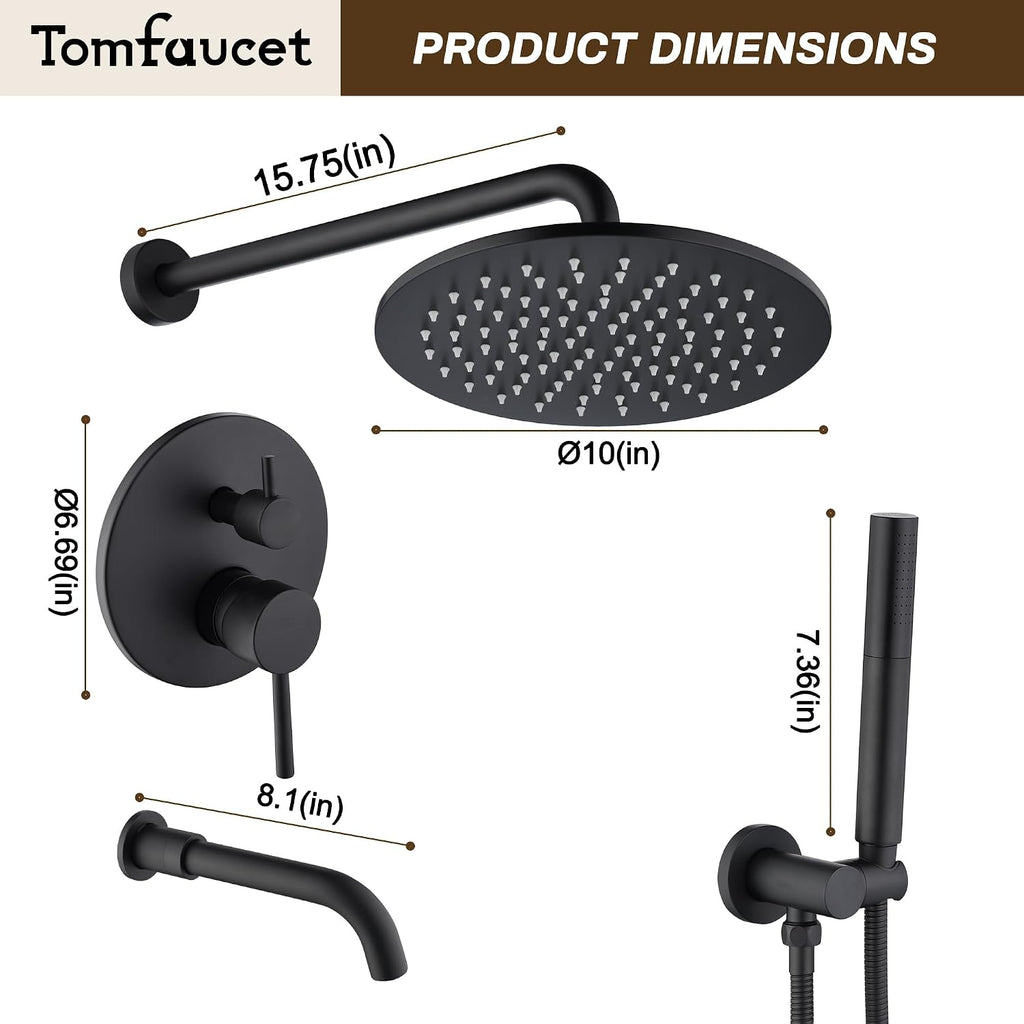 3 Functions Shower System with Tub Spout, 10' Round Wall Mounted Rain Shower System, High-Pressure Shower Head with 2 Modes Handheld Spray, Matte Black Shower Head System