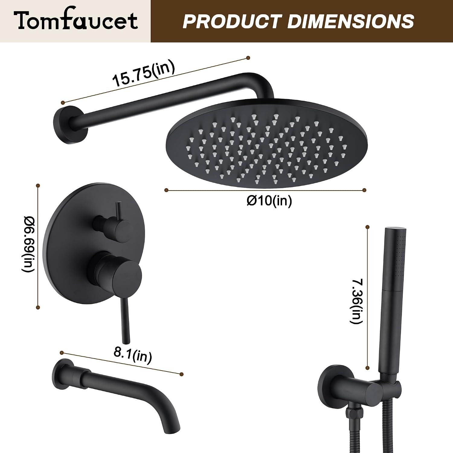 3 Functions Shower System with Tub Spout, 10' Round Wall Mounted Rain Shower System, High-Pressure Shower Head with 2 Modes Handheld Spray, Matte Black Shower Head System