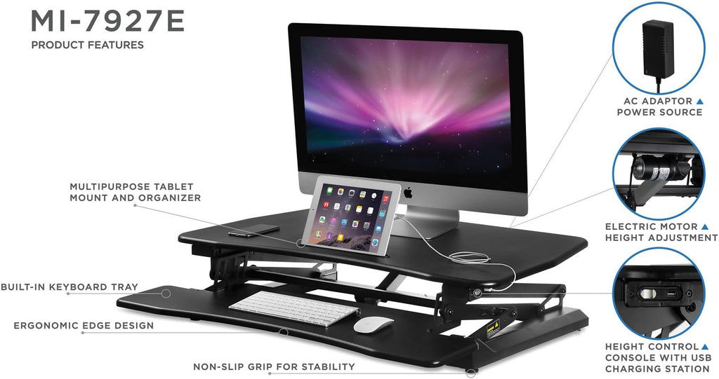 Mount-It! Electric Standing Desk Converter 35.4' Quick Sit Stand Desk Riser, Computer Workstation Motorized Easy Convertor with Built-in USB Charging Port, Ergonomic Height Adjustable in Black