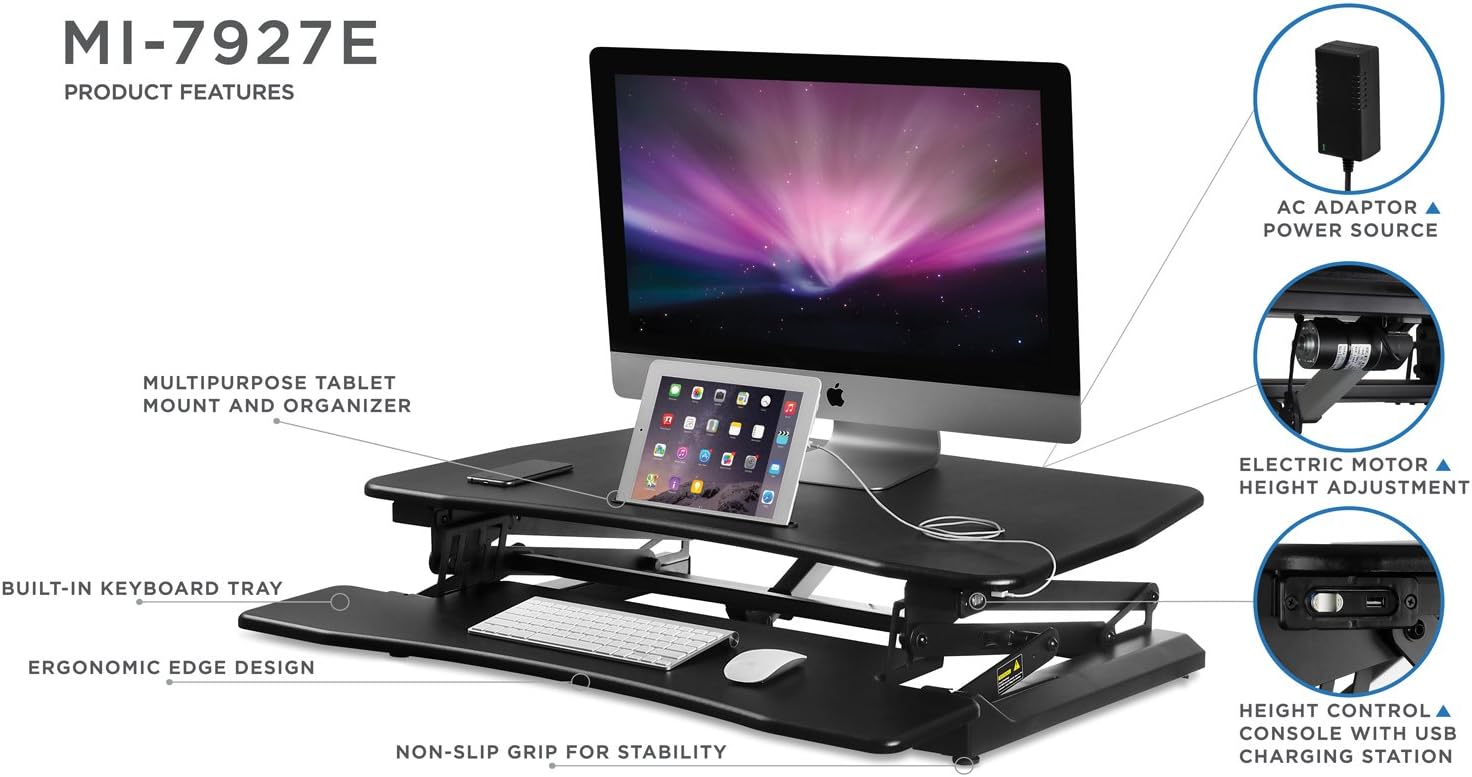 Mount-It! Electric Standing Desk Converter 35.4' Quick Sit Stand Desk Riser, Computer Workstation Motorized Easy Convertor with Built-in USB Charging Port, Ergonomic Height Adjustable in Black