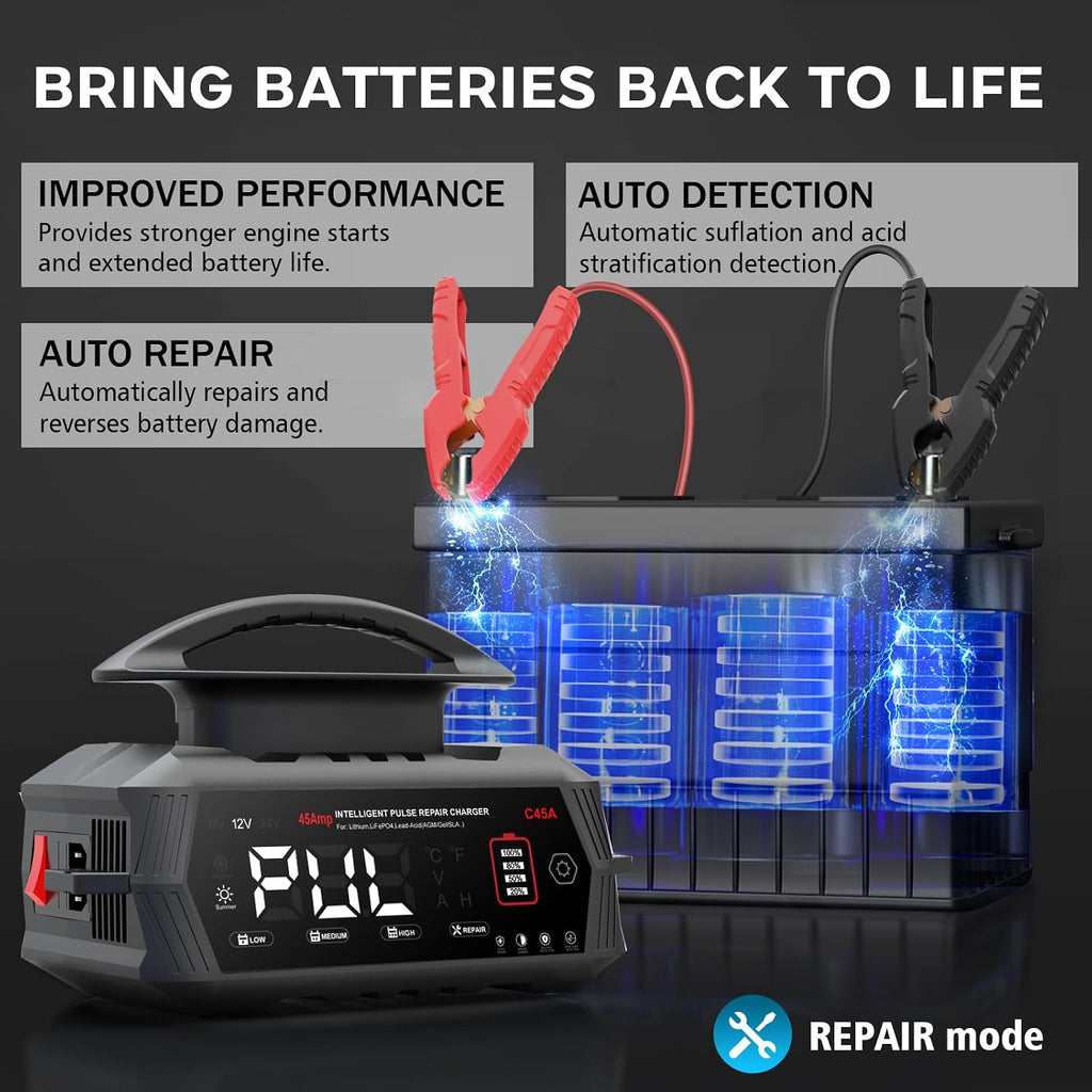 Haisito 45 Amp Car Battery Charger, 12V/24V Lithium LiFePO4 Battery Charger Automatic Battery Maintainer, Portable Smart Trickle Charger for Automotive Car Truck Motorcycle Lawn Mower Boat AGM Gel