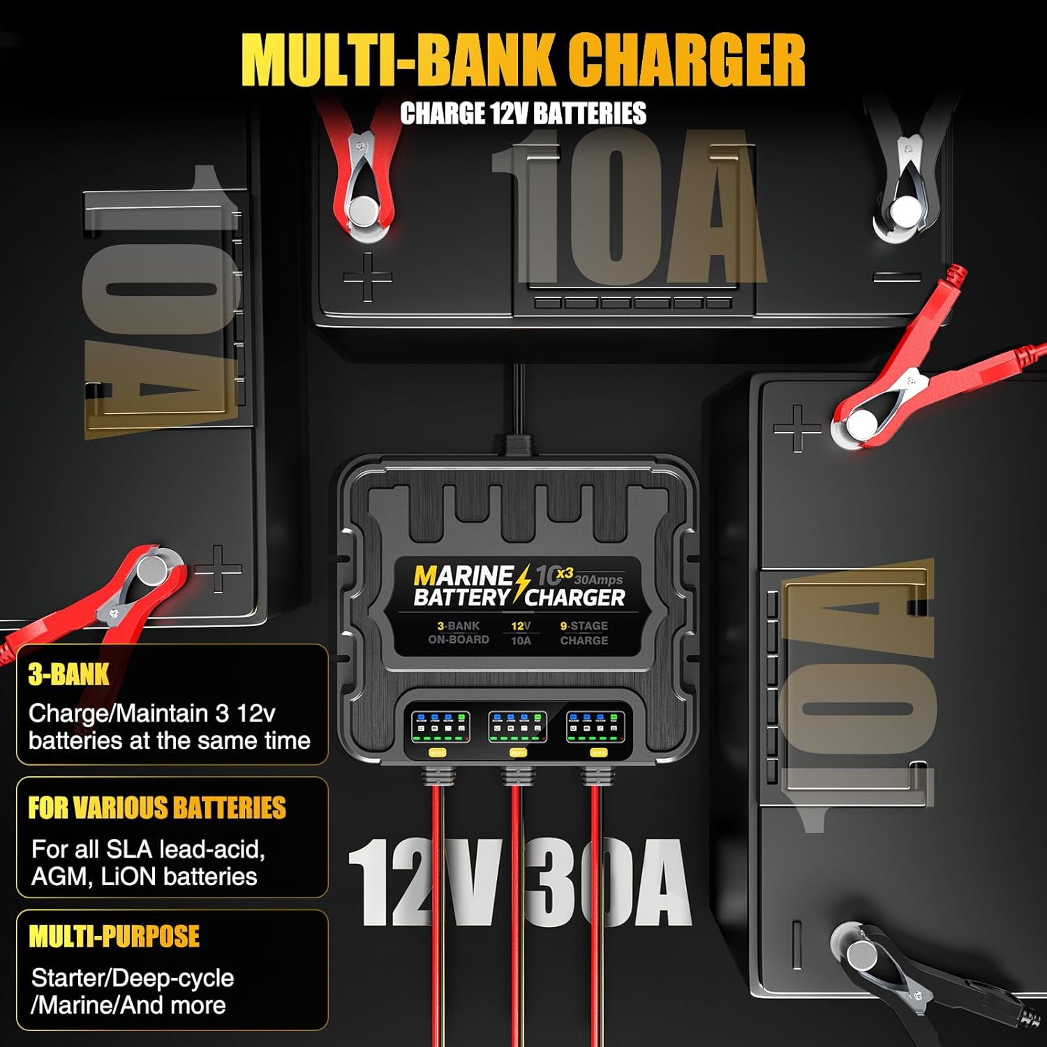 3 Bank Marine Battery Charger 30A (10A/Bank) 10X3, 12V,Waterproof,lifepo4 Boat Battery Charger Maintainer and Desulfator for AGM, Lithium,Deep-Cycle Batteries Boat Accessories