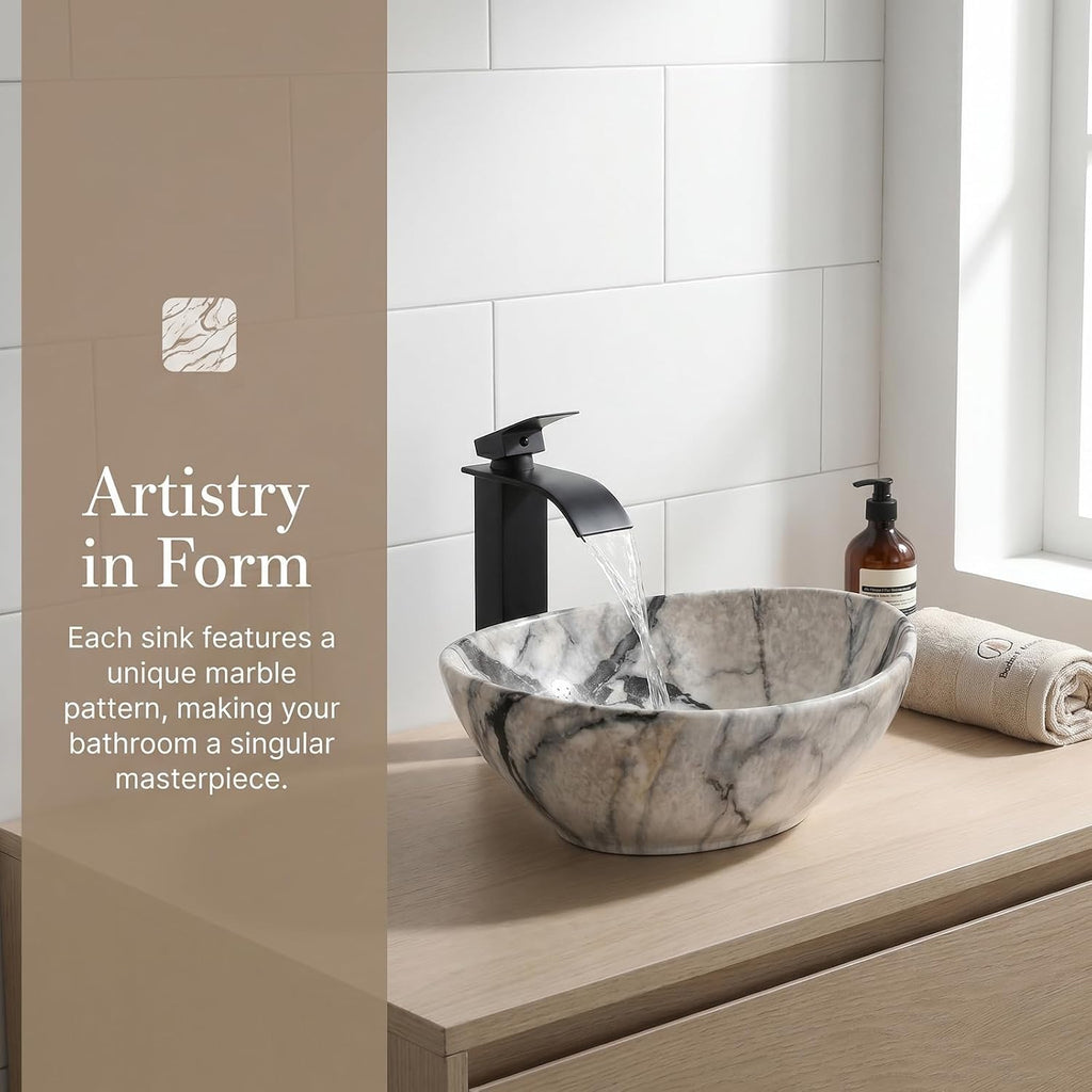Oval Vessel Sink 16'x13' White Ceramic Bathroom Sink with Waterfall Faucet and Pop-up Drain Bowl Sink White Black Marble Bathroom Sinks Above Counter