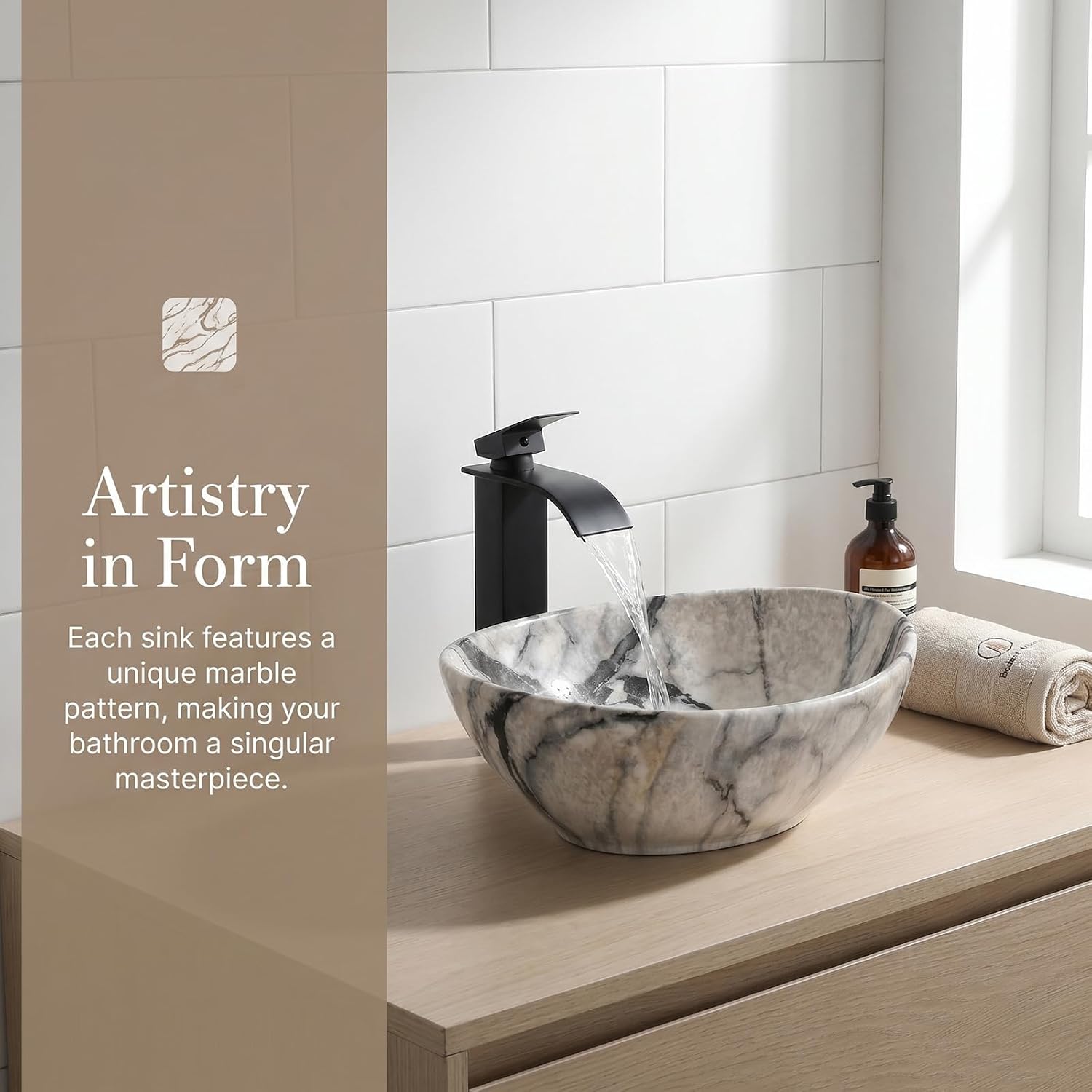 Oval Vessel Sink 16'x13' White Ceramic Bathroom Sink with Waterfall Faucet and Pop-up Drain Bowl Sink White Black Marble Bathroom Sinks Above Counter