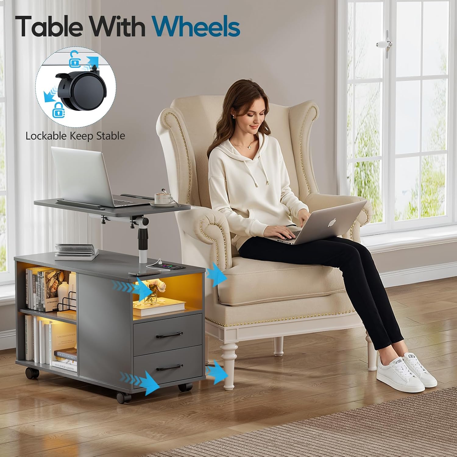 WOOVIVS Nightstand Set of 2 with USB Charging Station, Bedside Table with Storage Drawer, Rotatable Bracket, Modern Design (Grey)