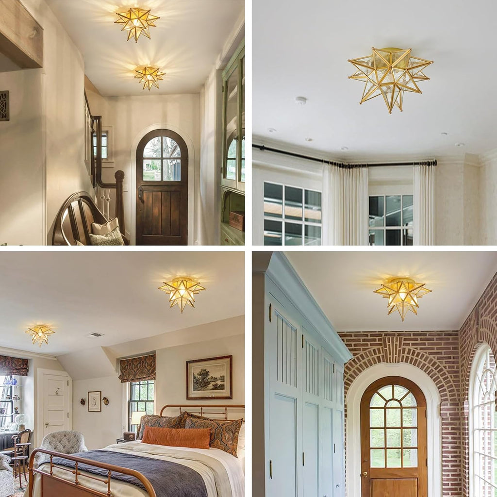 Gold Moravian Star Ceiling Light - 12.7 Inch Brass Vintage Flush Mount Lighting Fixtures with E26 Base - Art Deco Modern Moroccan Glass Fixture Lights for Hallway Kitchen Farmhouse Bedroom Entryway