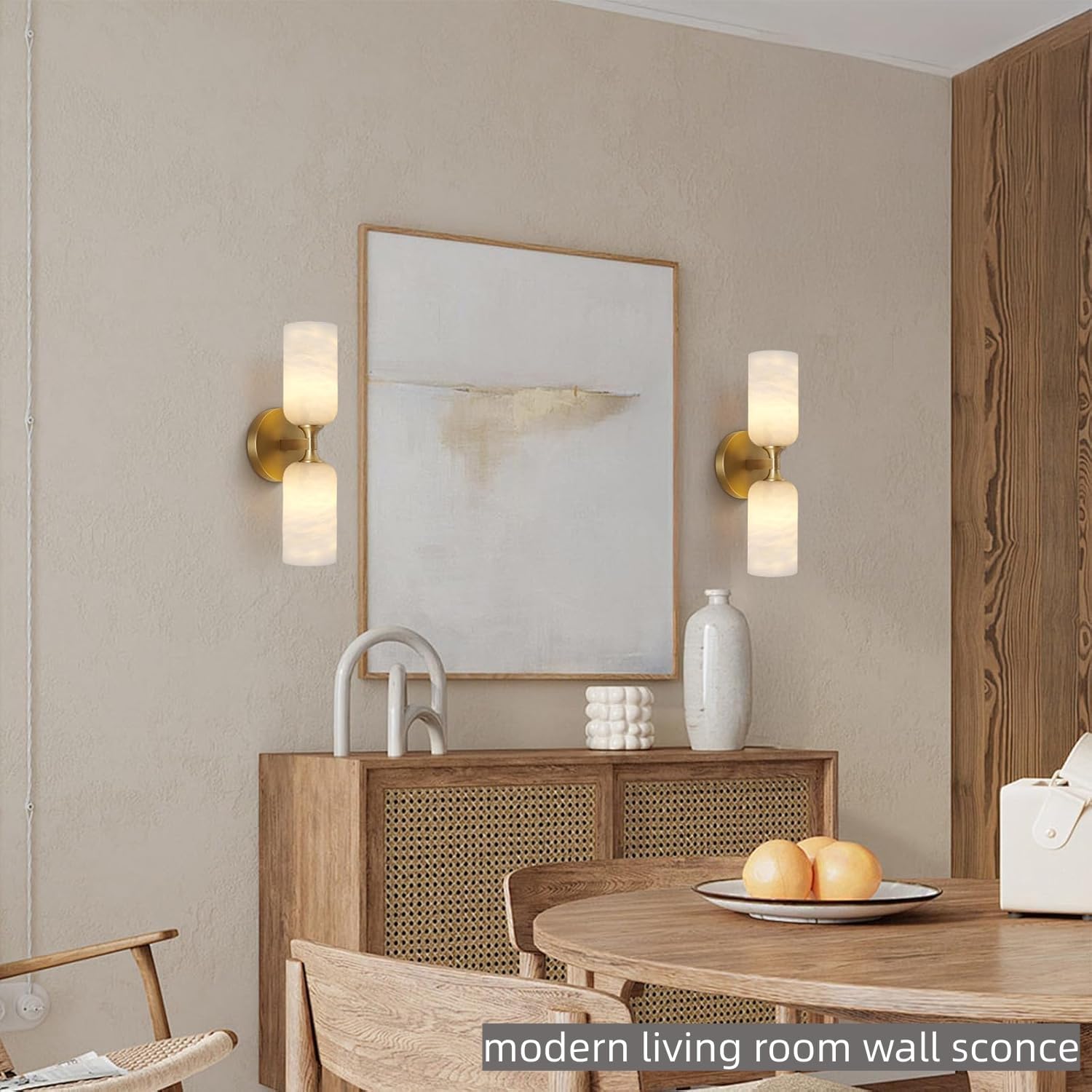 Gold Alabaster Wall Sconces Set of 2, 14in Spanish Natural Marble Sconce, Modern Stone Wall Light, Dimmable Alabaster Vanity Light Hardwired Brass Wall Lamp for Bathroom Mirror, Bedroom, Hallway