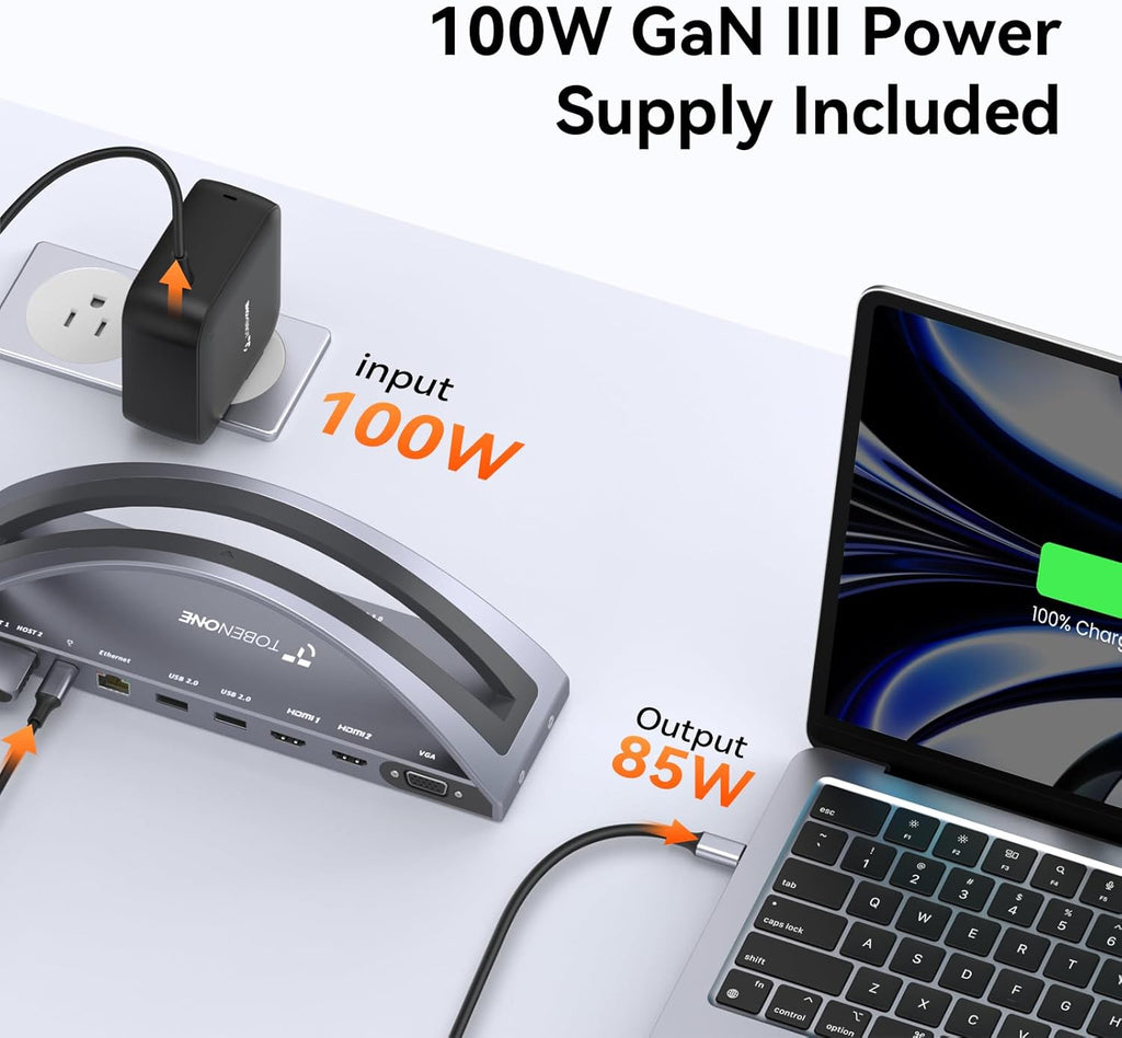 TobenONE MacBook Docking Station Dual 4K Monitor for M1-M5 Pro/Max, 13-in-2 USB C Docking Station with 100W Power Adapter, Laptop Dock Stand with 2 HDMI, VGA, 5 USB, PD 3.0, RJ45, SD/Micro SD, Audio