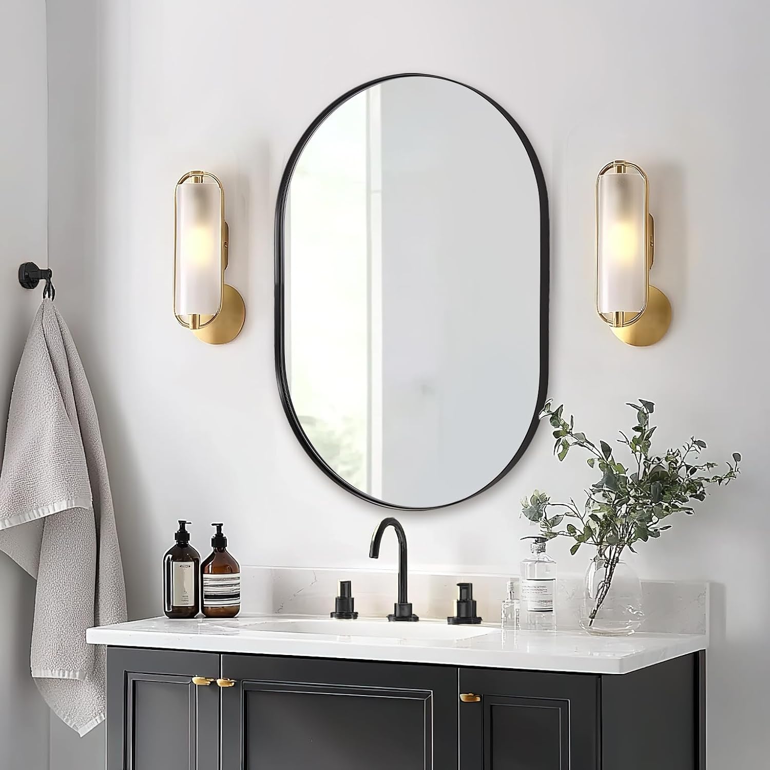 ANDY STAR 24x32'' Oval Mirror, Black Oval Mirror Pill-Shaped Design in Stainless Steel Metal Frame for Bathroom, Entryway, Living Room, Contemporary 1' Deep Wall Mount Vertical or Horizontal