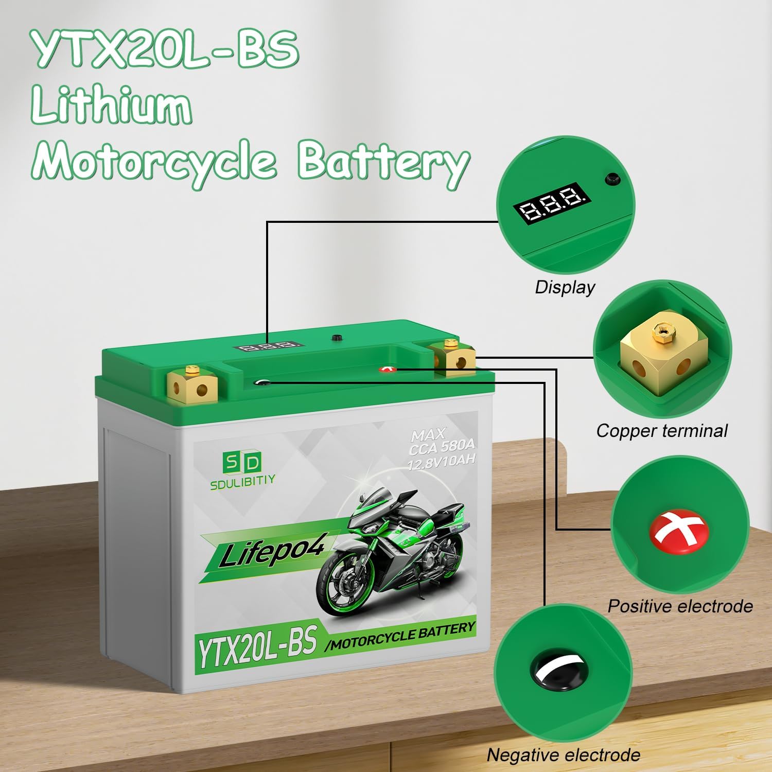 Lithium Motorcycle Battery LiFePO4 YTX20L-BS 12.8V 10Ah 580-750CCA Powersports Battery For Motorcycle Compatible ATV, UTV, Jet Ski, 4 wheeler, Scooter, PWC, Seadoo, Polaris and Generator Battery