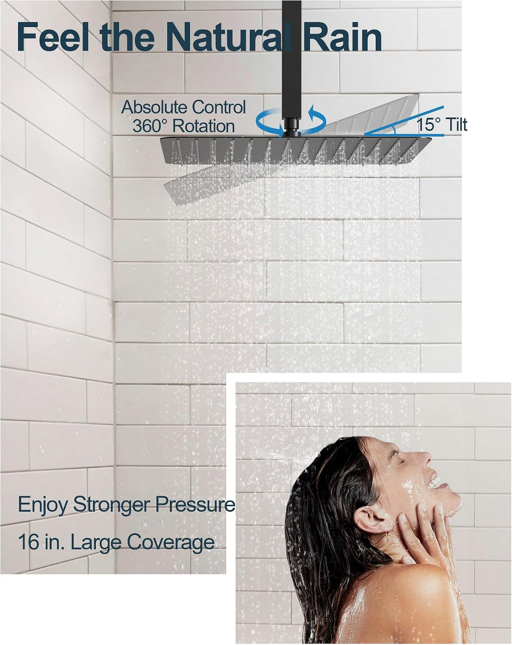 Thermostatic Shower System, 16' Ceiling Mount Rainfall shower Head with Double 6' Shower Head, Matte Black