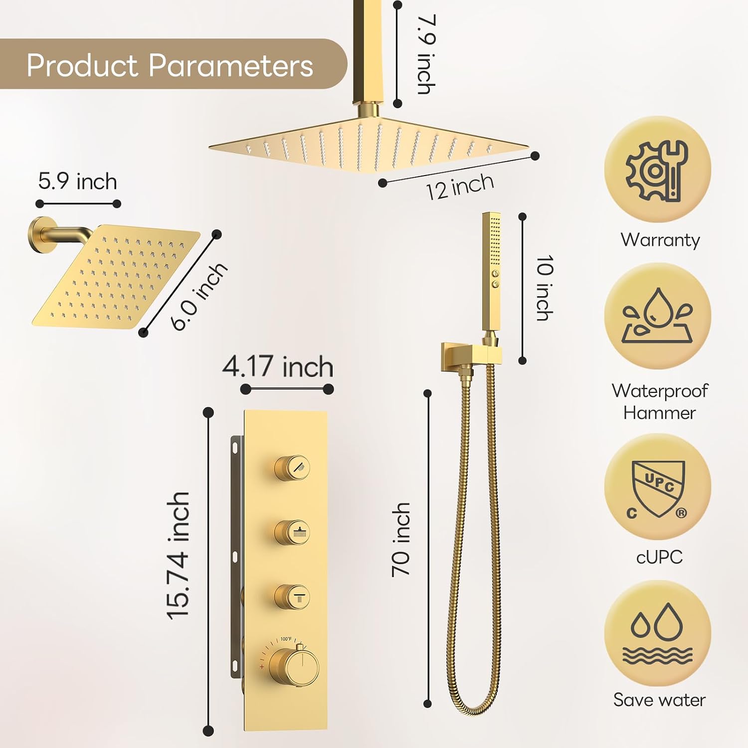 Thermostatic Dual Shower System Brushed Gold,Push Button Diverter Rainfall Shower Faucet Set with 2 in 1 Handheld Spray,12'' Ceiling Mount and 6'' Wall Mount Rainfall Shower System