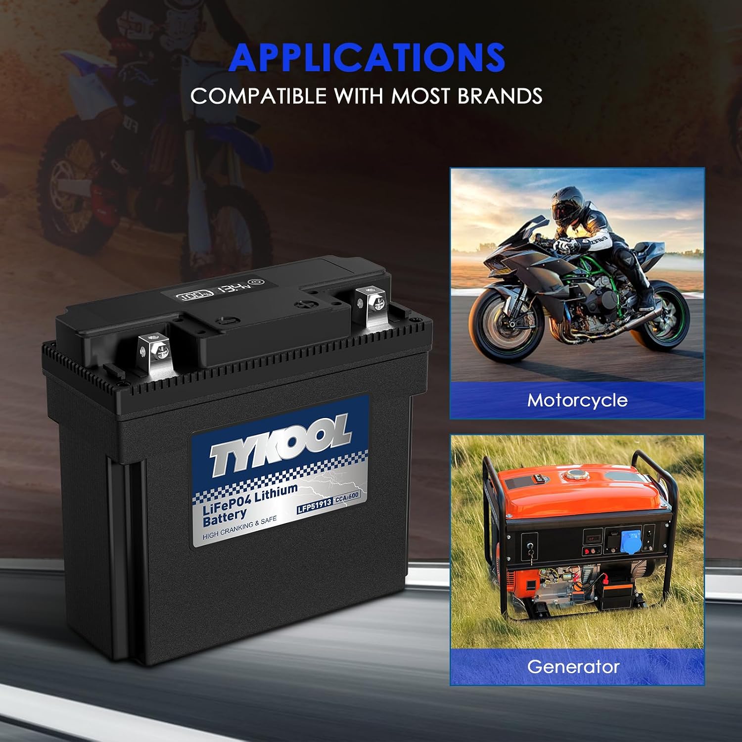 TYKOOL LFP51913 Lithium Motorcycle Battery, Replaces 51913 YT19BL-BS PC680, 600CCA 12Ah, Fits for BMW R1150RT R1150GS R1200RT R1200C K1200LT K1200GT Moto Guzzi California 1100, Digital Readout [- +]