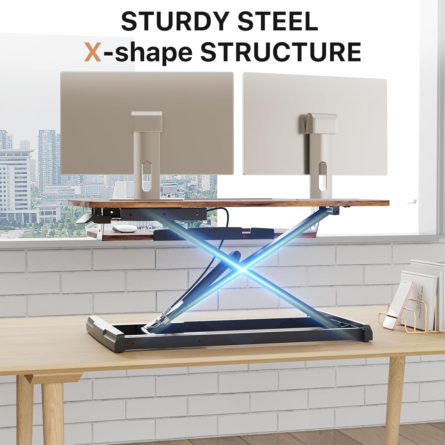 JOY worker Standing Desk Converter, 32' Wide Height Adjustable Sit Stand Up Desk Riser with Keyboard Tray, Desktop Workstation Riser for Home Office Computer Laptop, Particle Board, Rustic