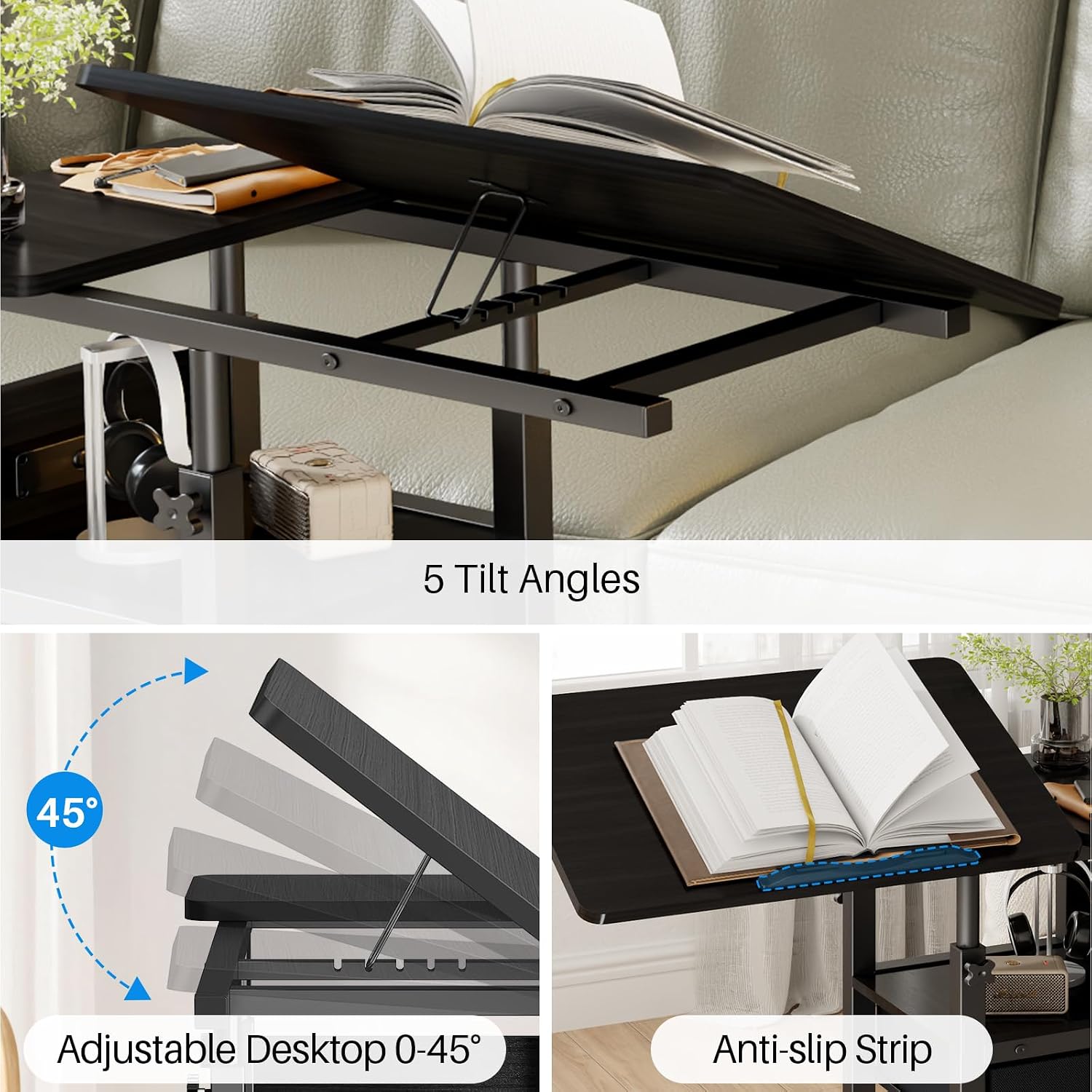 Height Adjustable Overbed Table with Wheel and Charging Station, Tiltable Desk C Shaped End Table for Couch, 2-Tier Overbed Bedside Desk with Storage Shelve for Living Room Bedroom