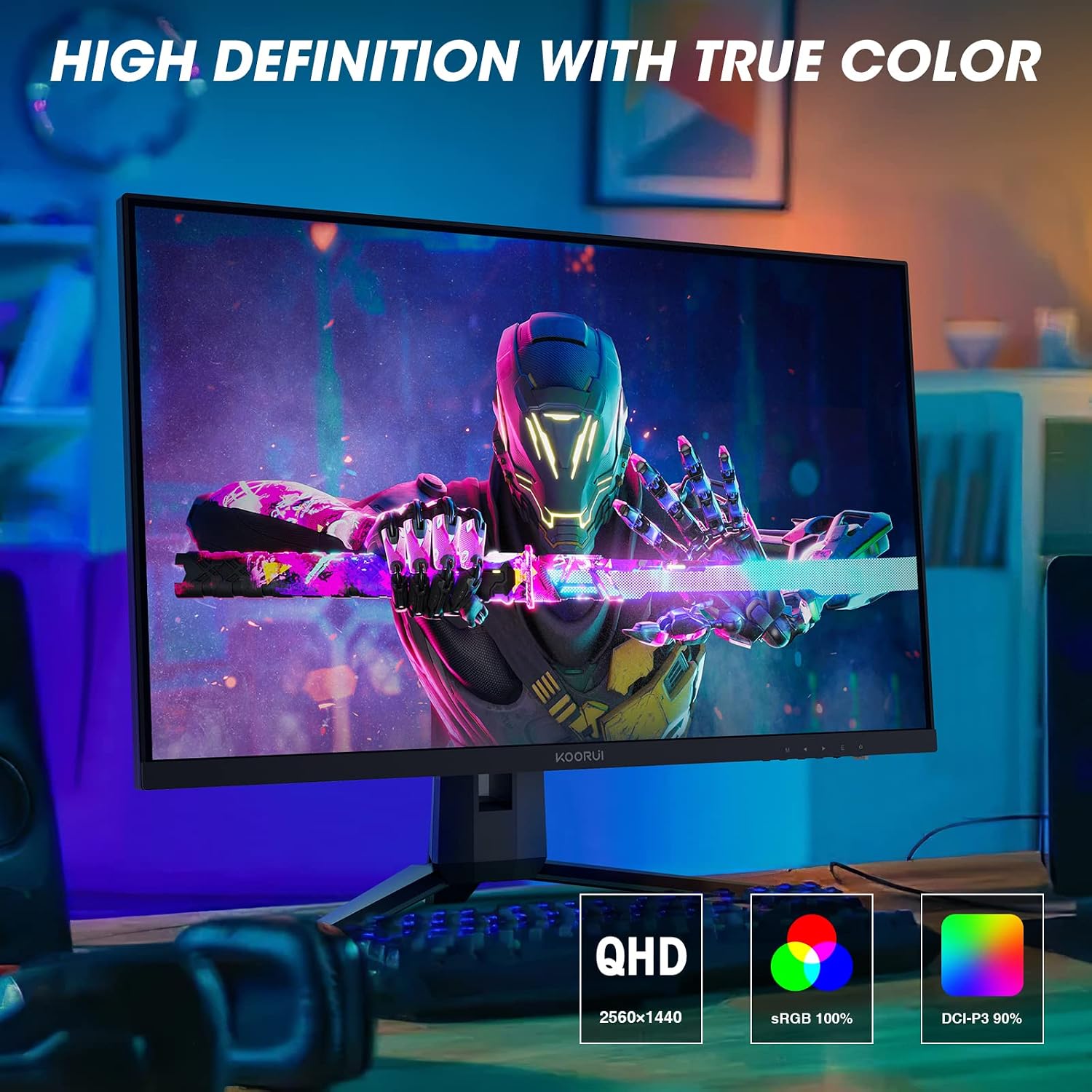 KOORUI 27-inch Gaming Monitor 144Hz QHD(2560 x 1440p) 2K, 1ms, DCI-P3 90% Color Gamut, Adaptive G-Sync, FreeSync Premium, HDMI x 2, DisplayPort, 27E1QA