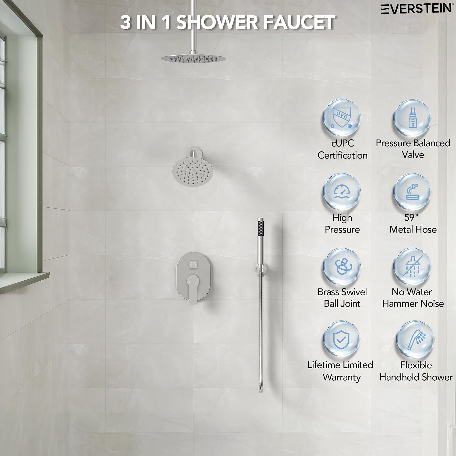 Ceiling Mount 10' High-Pressure Rainfall Shower Faucet, Dual Rainfall Shower Head System with Valve (Brushed Nickel)