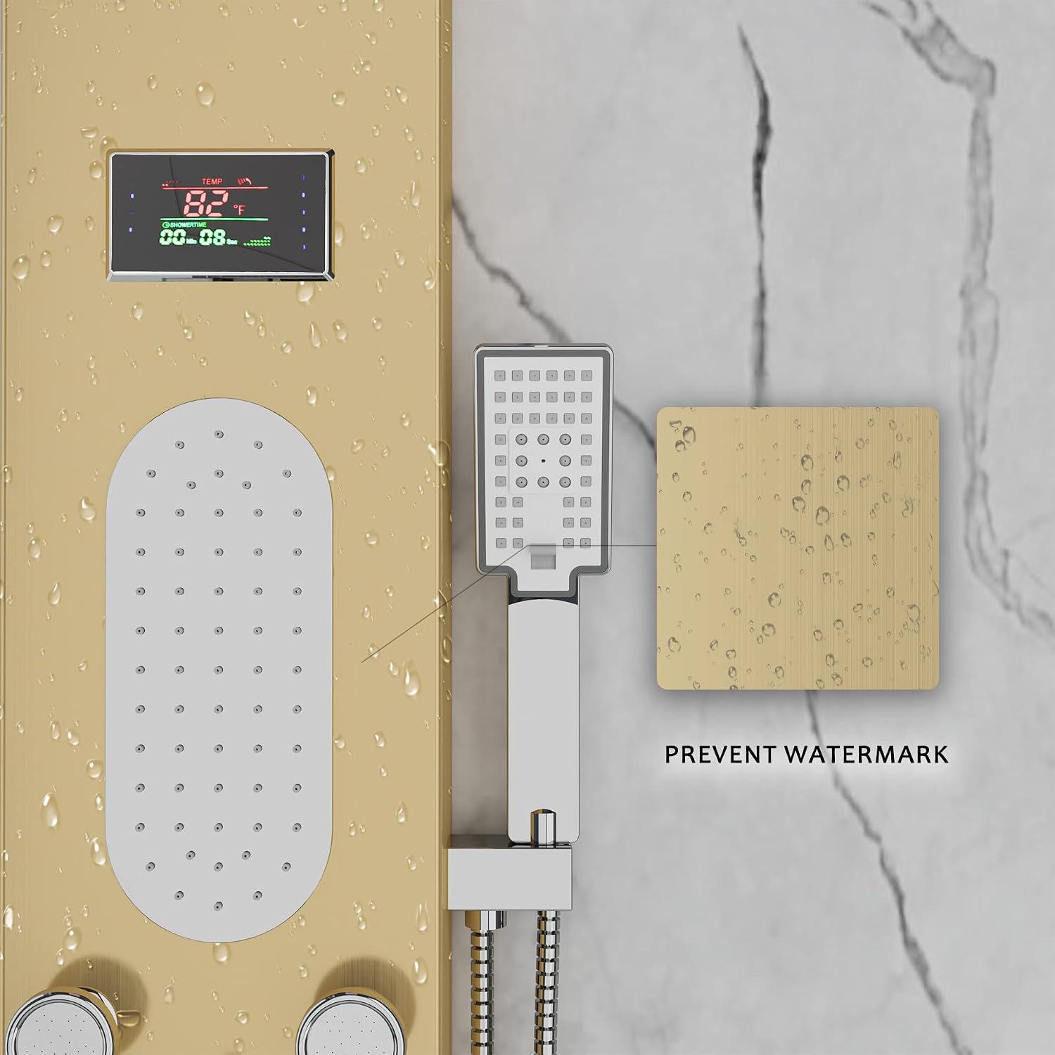 ELLO&ALLO LED Shower Panel Tower System, Rainfall and Mist Head Rain Massage Stainless Steel Shower Fixtures with Adjustable Body Jets, Brushed Gold