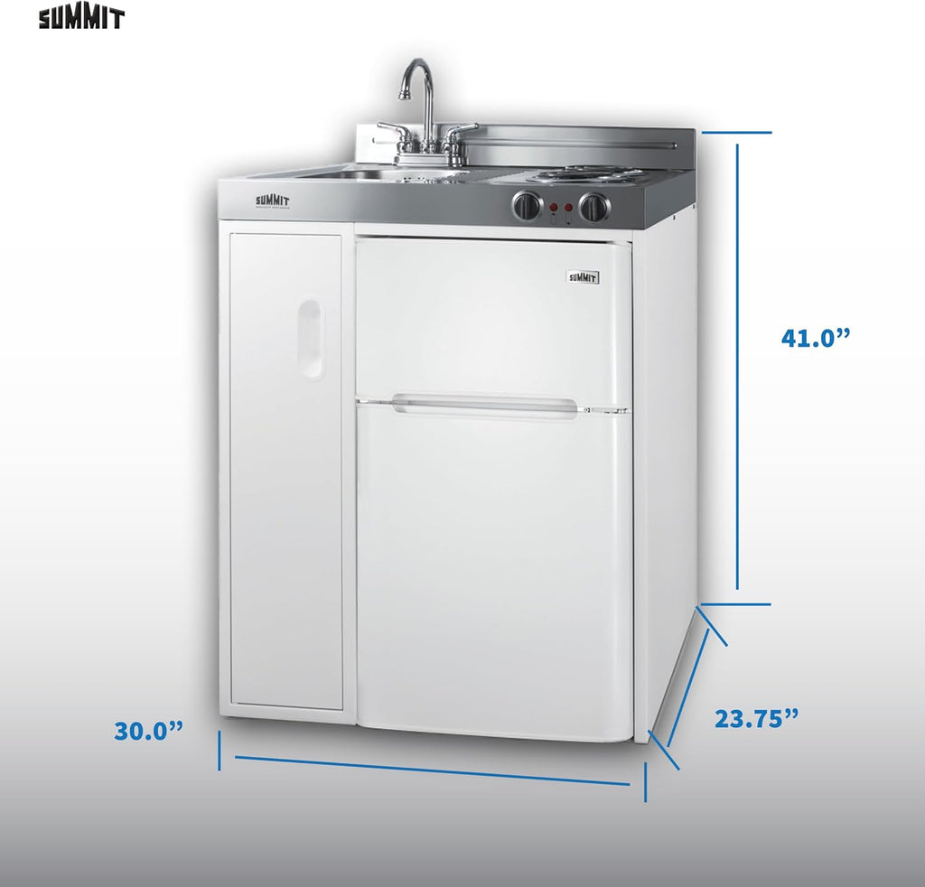 Summit 30' Wide All-In-One Kitchenette, 2-Door Refrigerator-Freezer, 2-Burner Cooktop, Sink, and Storage, White- C30EL