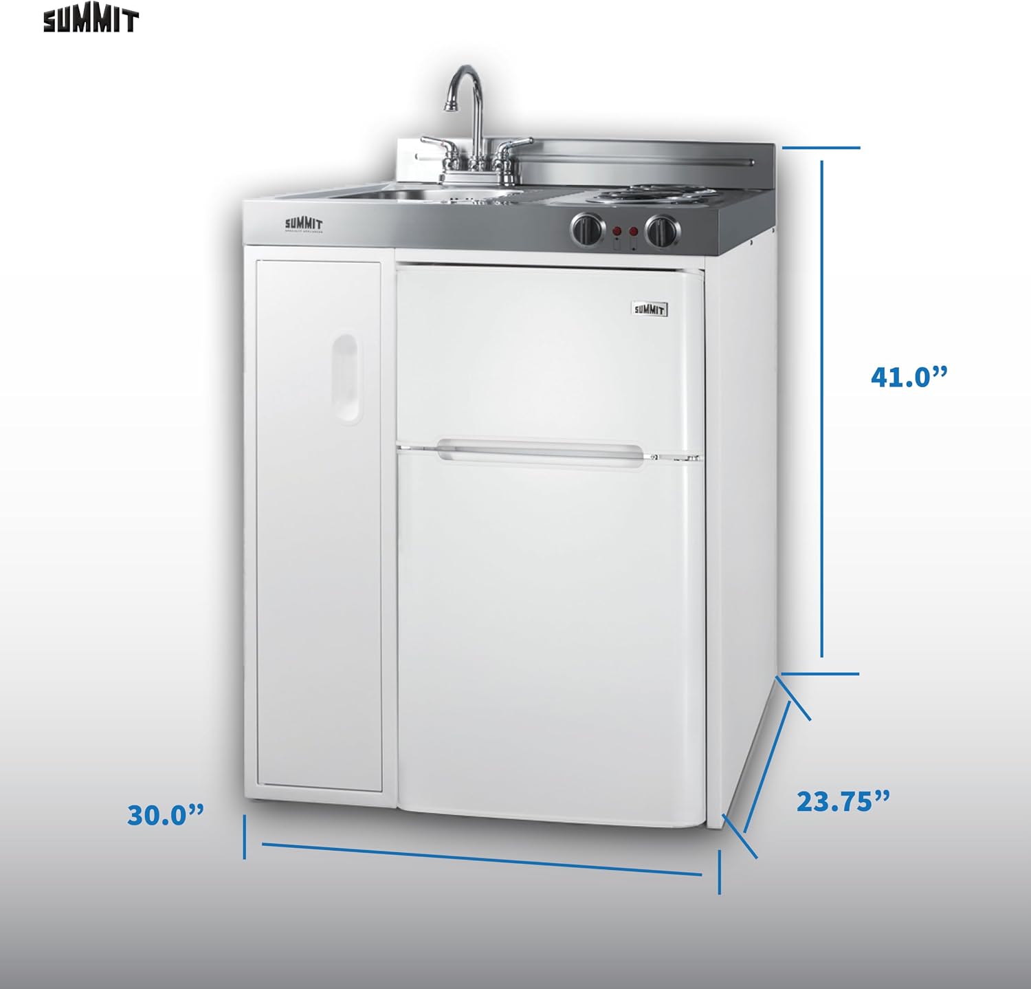 Summit 30' Wide All-In-One Kitchenette, 2-Door Refrigerator-Freezer, 2-Burner Cooktop, Sink, and Storage, White- C30EL
