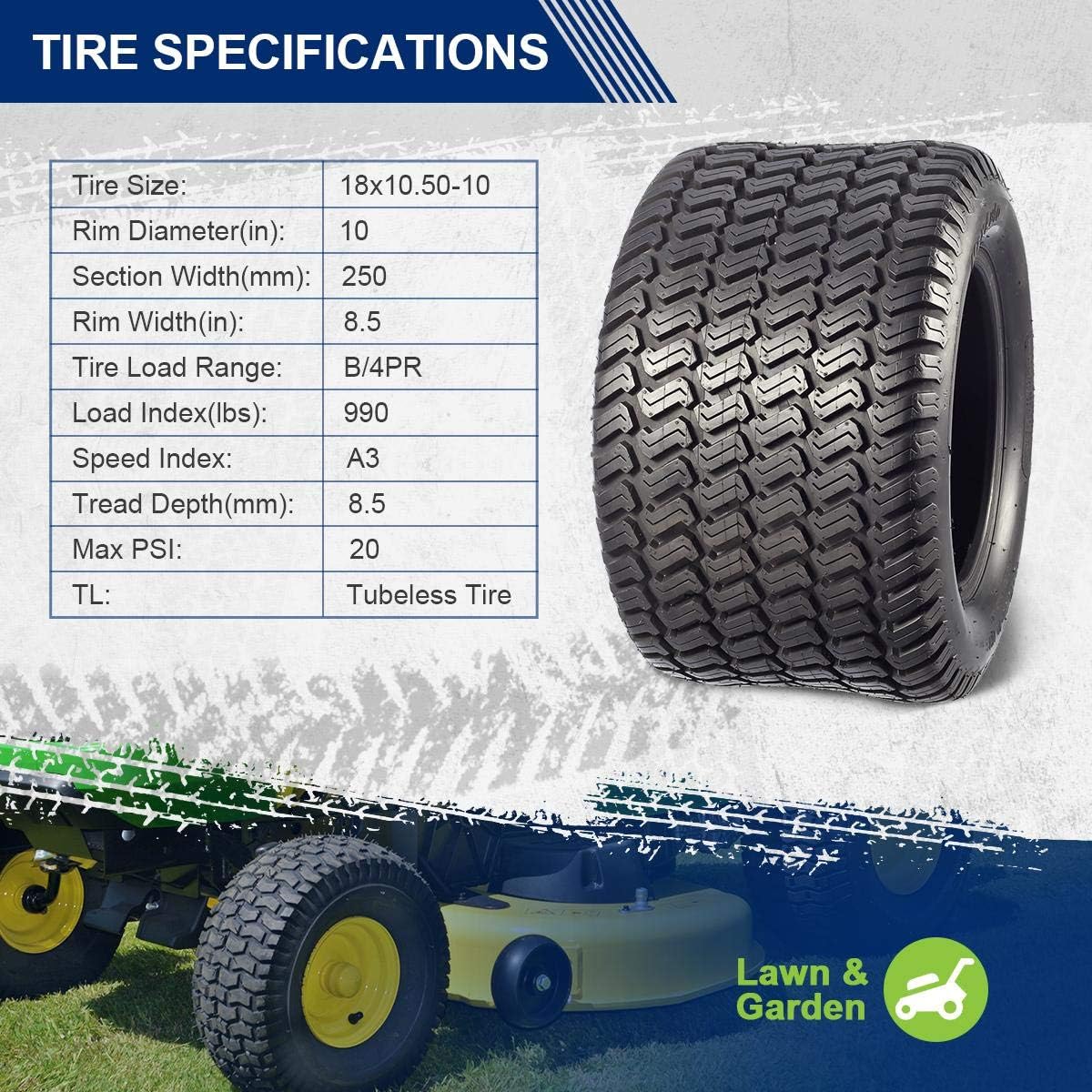MaxAuto 2Pcs 18x10.50-10 Lawn & Garden Turf Tire 18x10.50x10 Hilly Lawn Tractor Tires 18x10.5-10 Tubeless 4 Ply P332