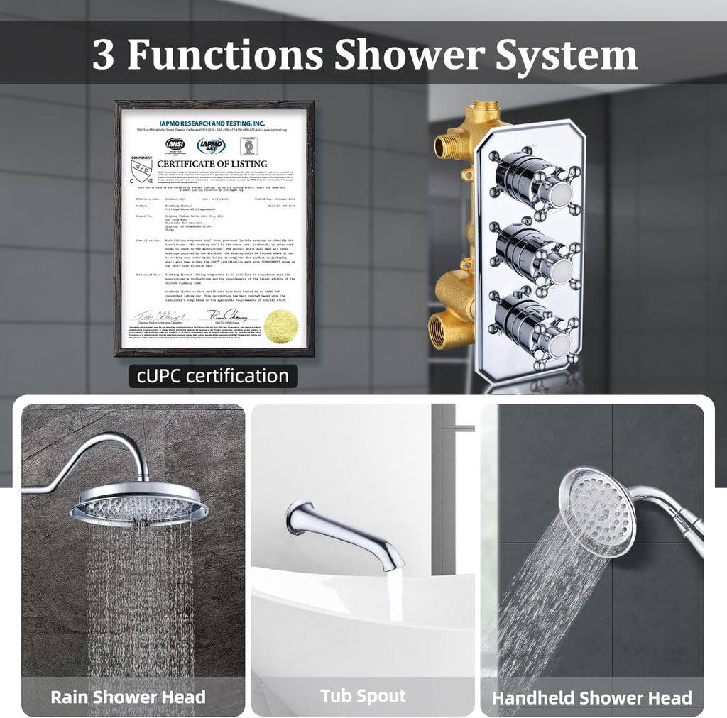 All Metal Thermostatic Shower System with Tub Spout Backnets Wall Mounted Shower Faucet Set for Bathroom with 9 Inch Rain Shower Head and Handheld, Rough-in Valve Body and Trim kit, Polished Chrome