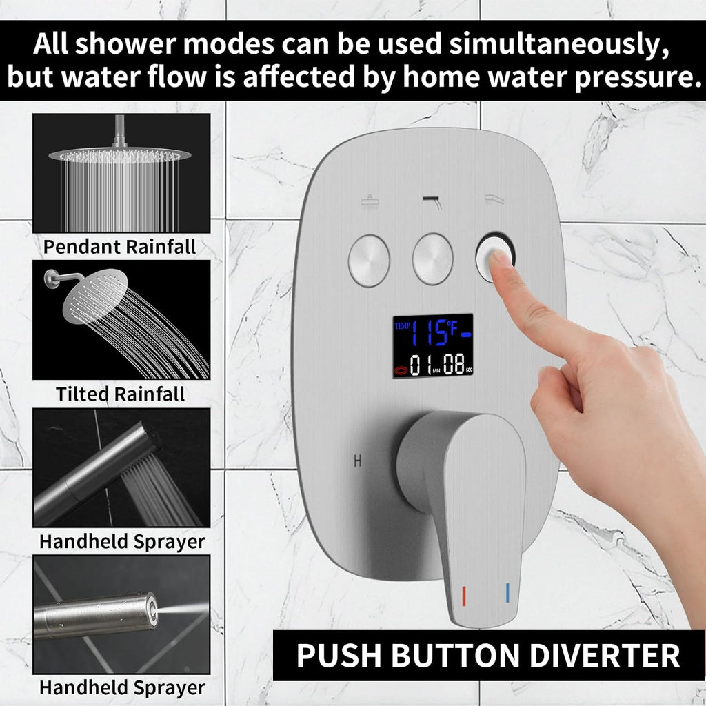 Brushed Nickel Shower System 3-Function Ceiling Shower Faucet Set with 12' and 8' Rainfall Dual Shower Head and Handheld Shower with Adjustable Slide Bar, Full Body Shower System Fixture
