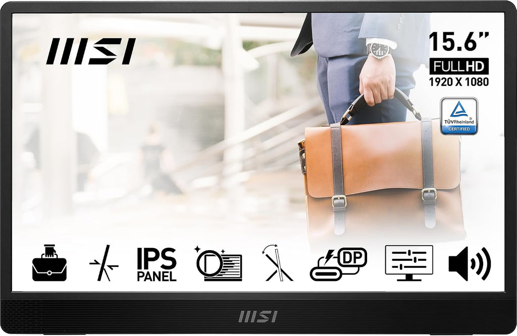 MSI PRO MP161 E2 Portable Monitor 15.6 Inches Full HD – IPS Panel 1920 x 1080, 60Hz, Practical (PC, Laptop, Mobile), Enhanced Speakers, Frame & Stand – Mini-HDMI 2.0b, 2 x USB Type-C